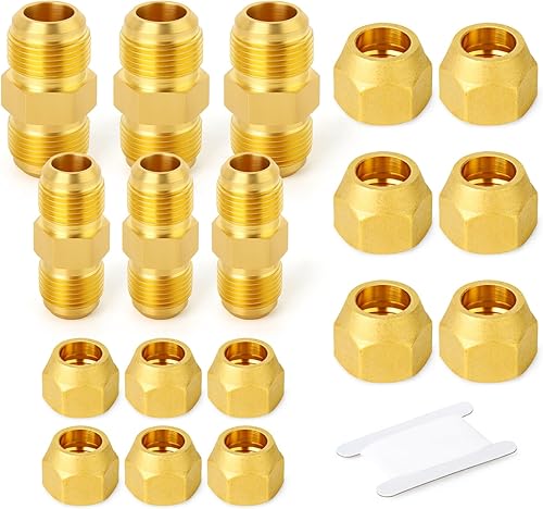 Miniatura 103 de GASHER 10 piezas de latón SAE 45 grados Flare Tube Fitting, 1/2" Flare Nut Aire Acondicionado Tubo de cobre Extensión de tubo de cobre a tope Tuerca