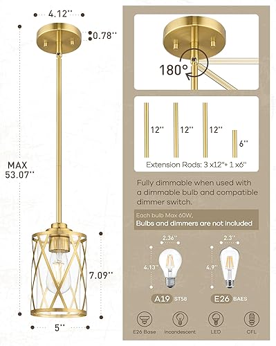 Miniatura 3 de Beionxii BX-PL07BG-2PK - Paquete de 2 luces colgantes de oro cepillado para isla de cocina, moderna iluminación colgante de jaula industrial de