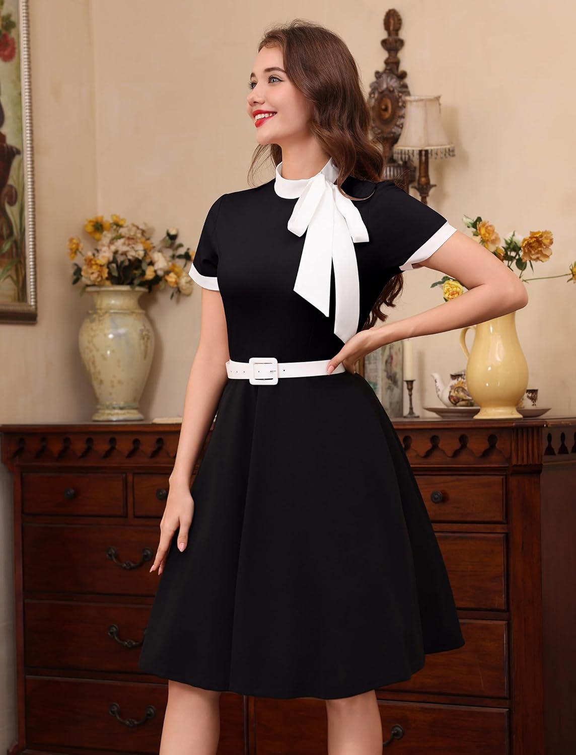 Women 1950s Vintage Floral Cocktail Swing Dress 50s Short Sleeve Audrey Hepburn Rockabilly Prom Dress A Line Tea Party Dress - Image 3