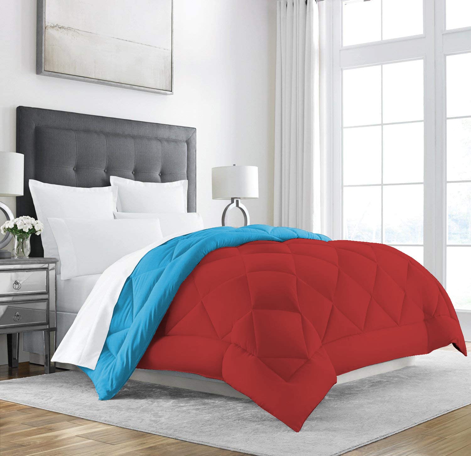 All Season Microfiber -Reversable Duvet/AC Comforter/Quilt - Sky Blue Red - Double Size 90 Inch x 100 Inch-image-25