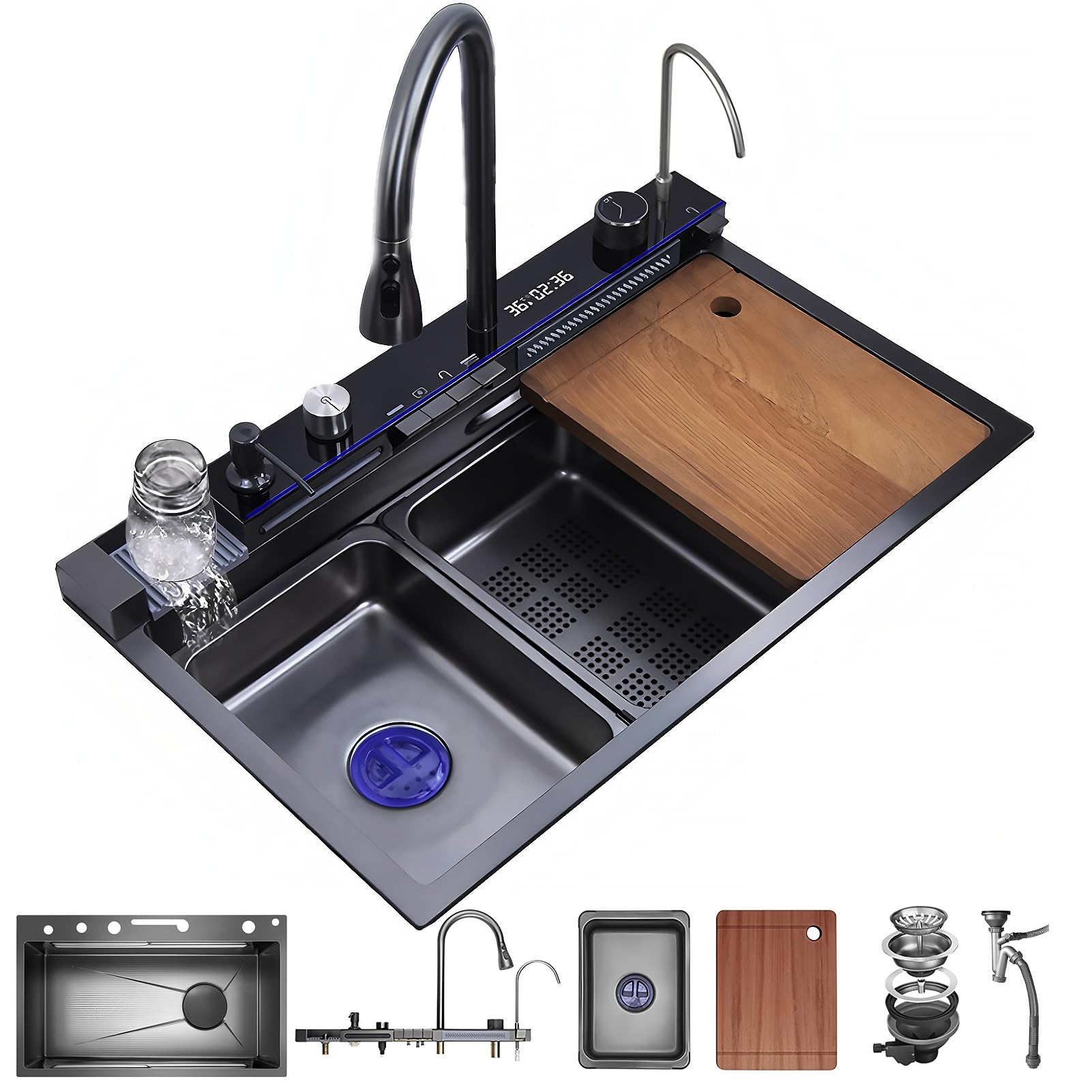 Fregadero de cocina de acero inoxidable multifunción de 80 x 50 cm – 2 cascada fregadero de agua, grifo extraíble, gran lavabo de cocina, con dispensador de jabón, con accesorios para