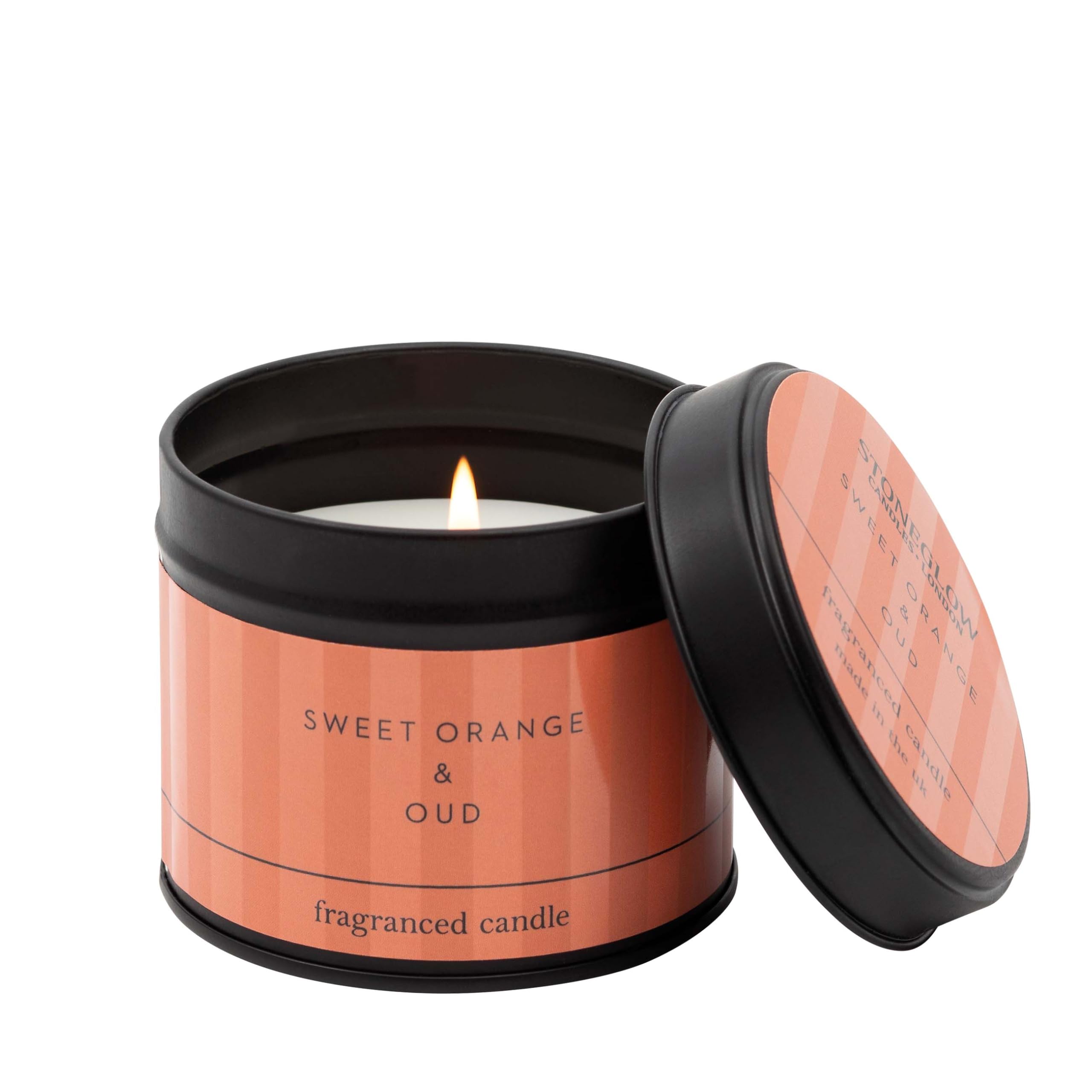 Stoneglow Modern Classics Collection - Sweet Orange & Oud - Scented Candle Tin (Orange) 135 Grams, Sweet Orange, Oud, Vanilla, Woody, Spicy