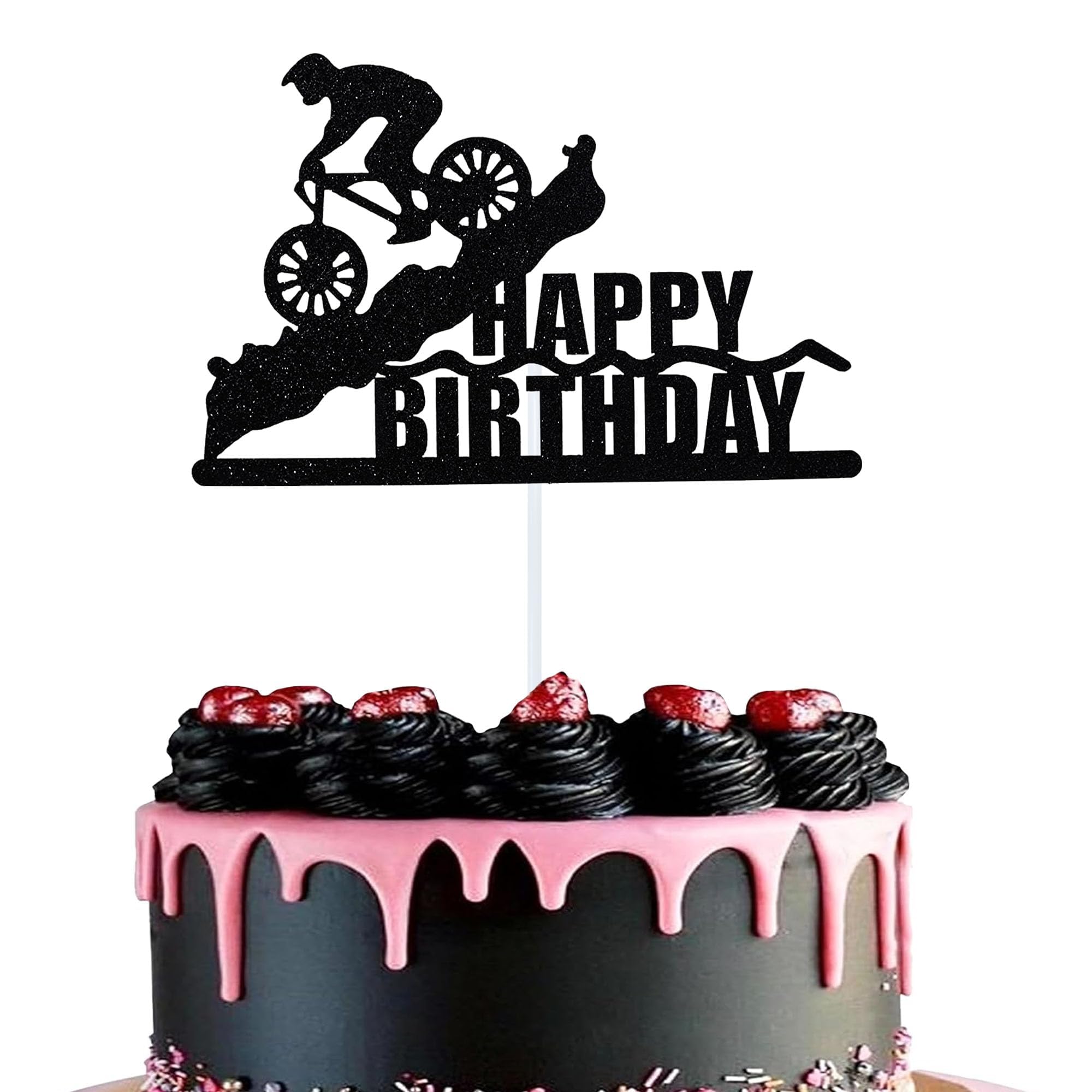 Bicycle Happy Birthday Cake Topper Black Glitter Cake Decorations for Sports Themed Party Boys and Girls Birthday Parties Cake Decorating Supplies
