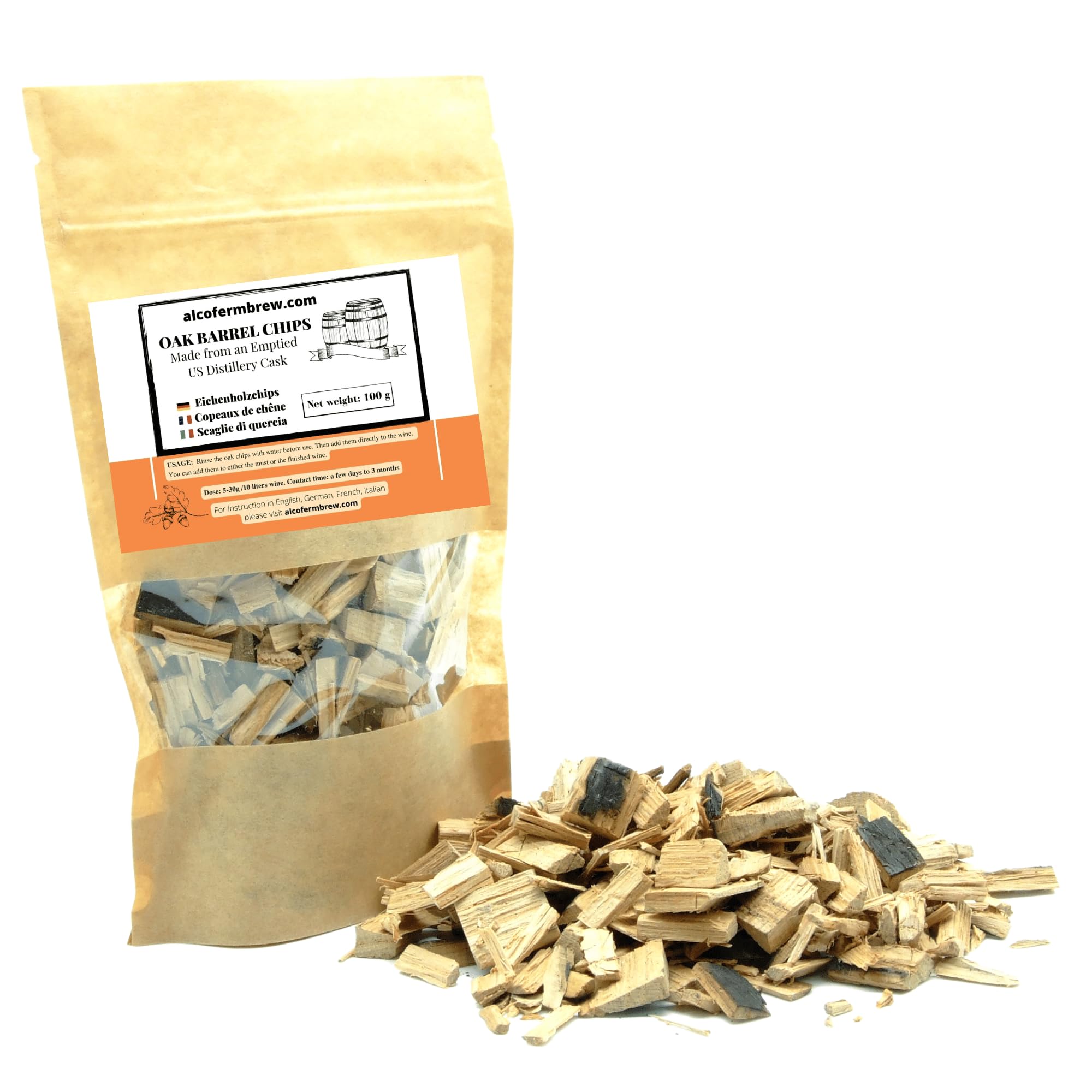 AlcoFermBrew Virutas De Roble De Barrica Americana De Bourbon 100 g para Vino Cerveza Sidra