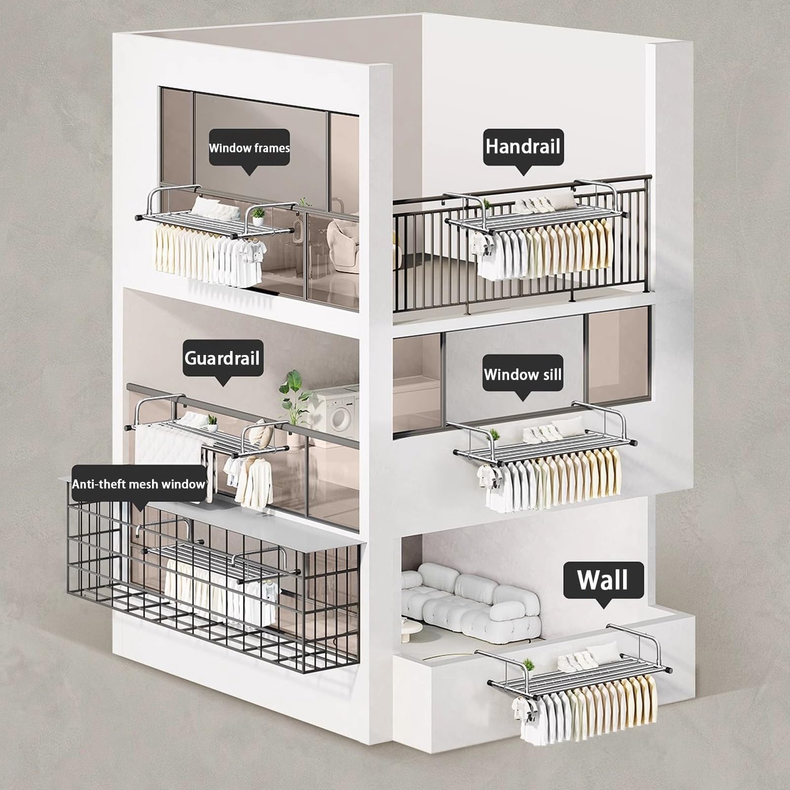 HJXGQJM Wäschetrockner Balkon Heizkörpertrockner Klappbar Hängetrockner Balkonwäschetrockner Ausziehbar Wäscheständer Wandmontage Heizkörper Edelstahl Trockenständer(Grey,60-106cm)