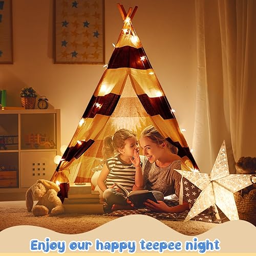 Miniatura 5 de Woanger Juego de 6 tiendas de campaña tipo tipi para niños con cadena de luz de 10 pies, tienda de campaña plegable de lona de algodón, luces LED de