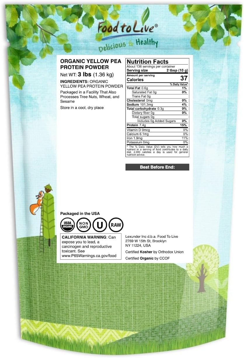 Food to Live Organic Pea Protein Powder, 3 Pounds – Made from Non-GMO Yellow Peas, 80% Protein, Keto, Vegan, Kosher, Raw, Unflavored, Unsweetened, Non-Irradiated. Bulk. Great for Baking and Smoothies