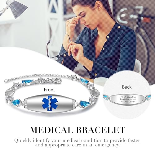 Miniatura 8 de Pulseras de alerta médica para mujer, pulseras de identificación de emergencia ajustables con grabado gratuito, pulseras médicas personalizadas para