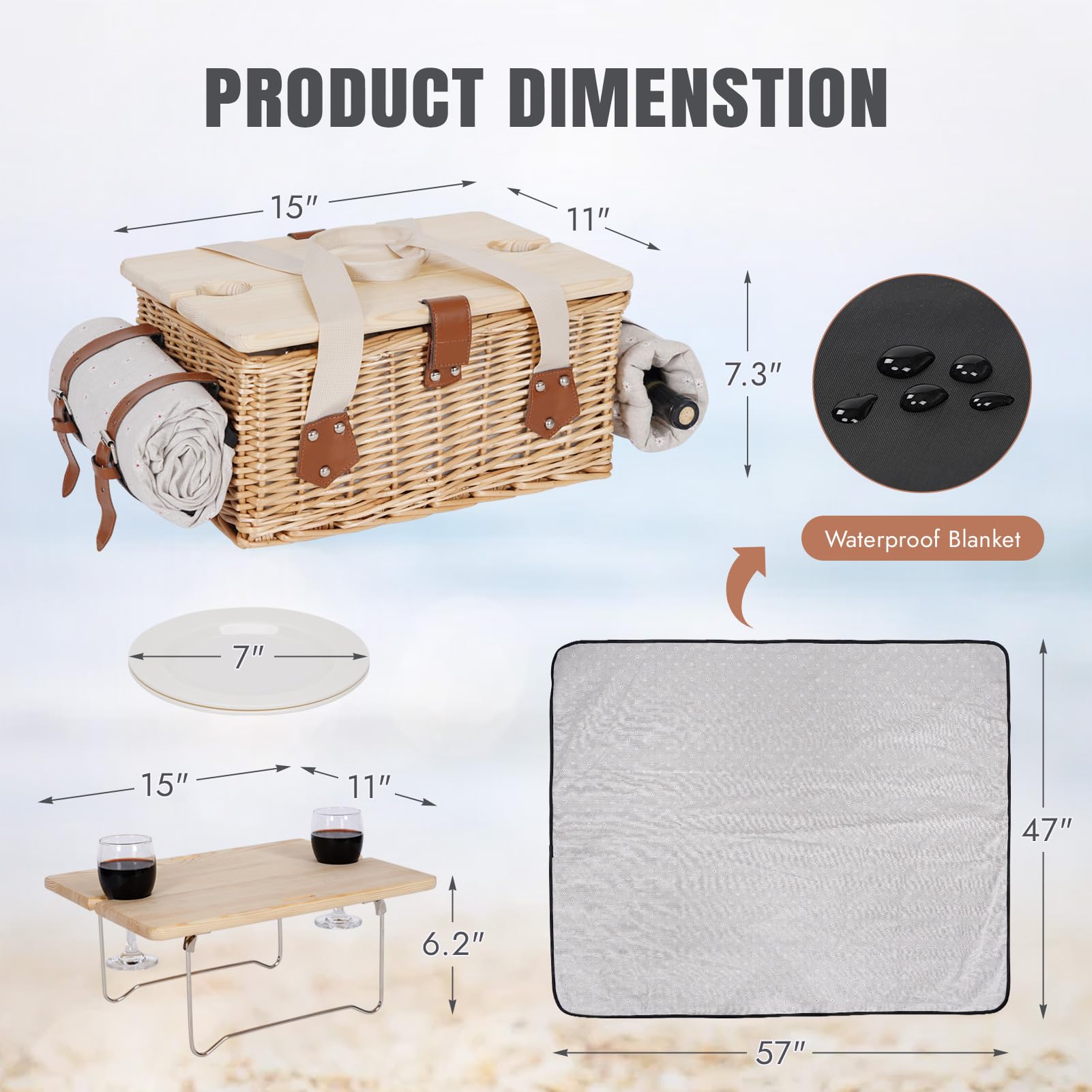 HappyPicnic Picknickkorb für 2, handgefertigtes Weiden-Picknick-Set mit Klapptisch und wasserdichter Decke, großer isolierter Picknickkorb mit Weintasche & Besteck-Set für Picknick, Camping, Urlaub