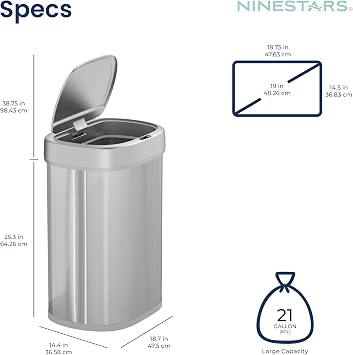 Ninestars DZT-80-24 Automatic Motion Sensor Trash Can with Adjustable Sensor Range, Stainless Steel Base, Silver Lid, 21 Gallon