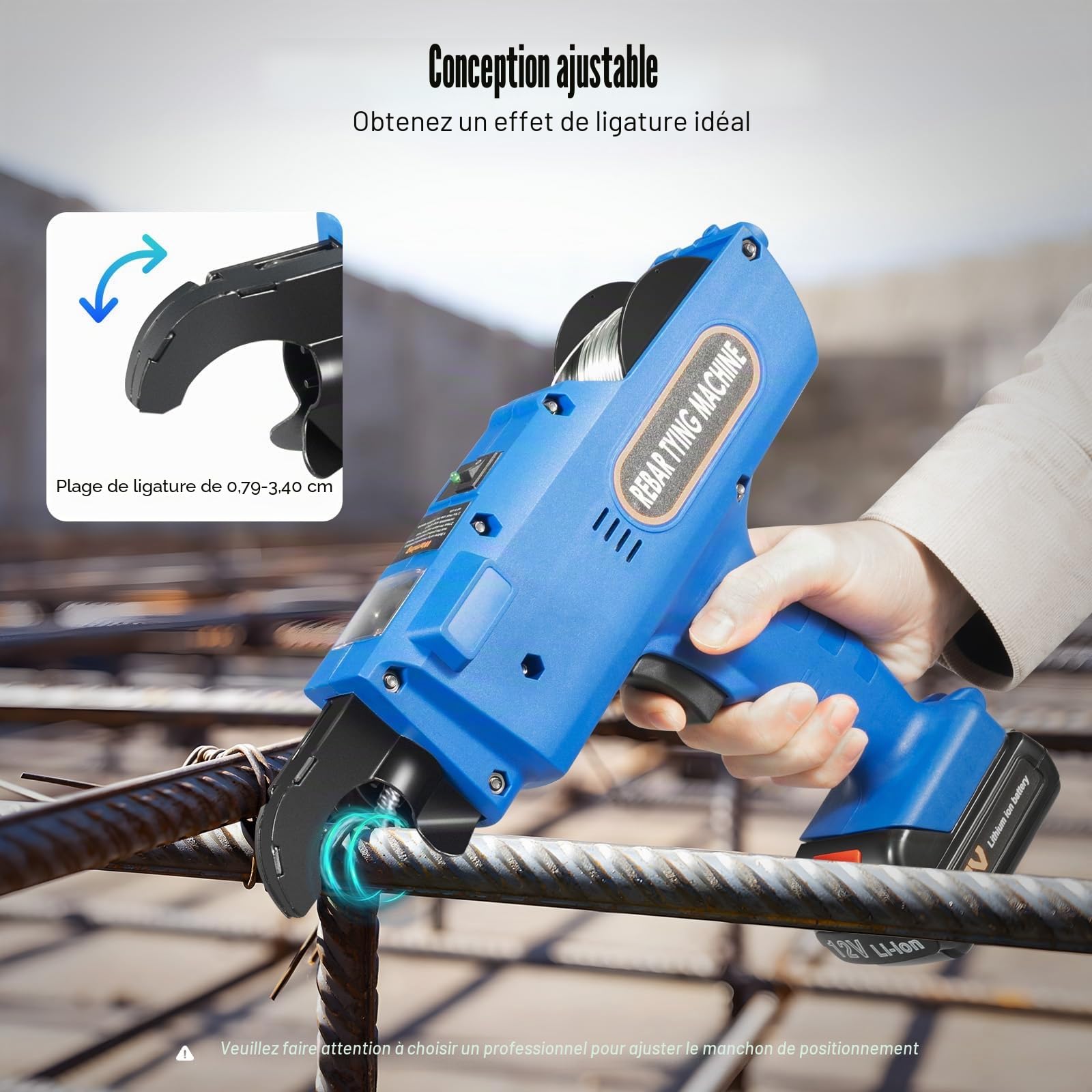 Machine à relier automatique à fil métallique Rebar - Machine à relier le béton armé - Avec batterie - Appareil manuel automatique pour la reliure de barres d'armature - 8 mm - 34 mm (bleu)