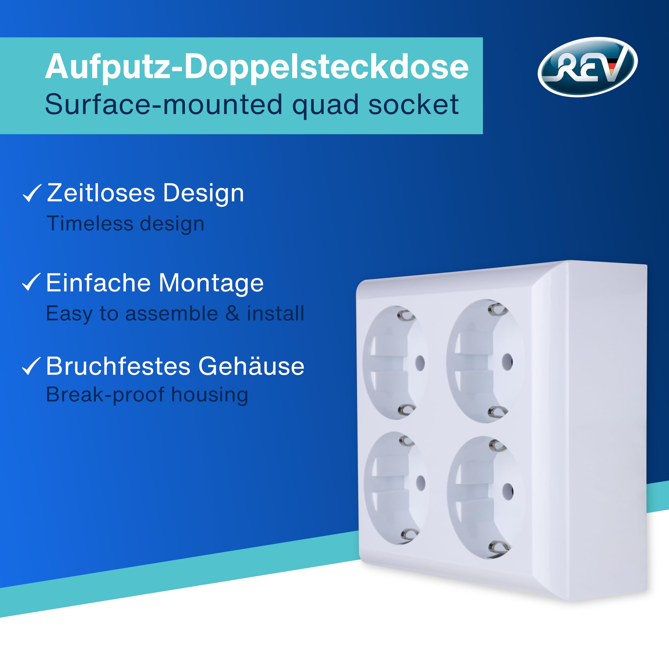 REV PlanoLuxe Lot de 5 prises pour montage en saillie avec cadre et insert, 4 prises, blanc