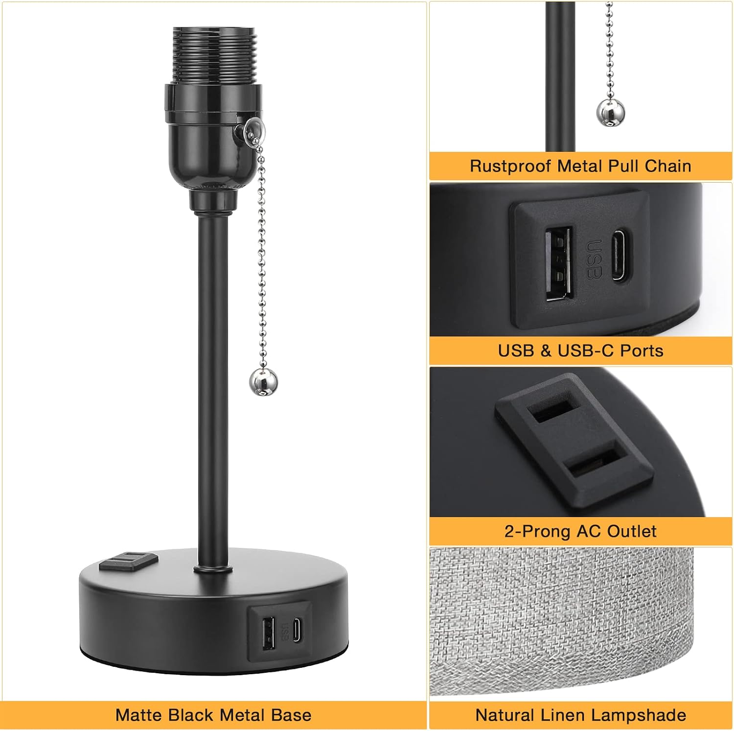 Grey Nightstand Lamps 3 Color Temperatures - 3000K 4000K 5000K Bedside Lamps with USB C and A Ports, Pull Chain Table Lamps with AC Outlet, Small Lamps with Black Metal Base for Sleeping Reading thumbnail