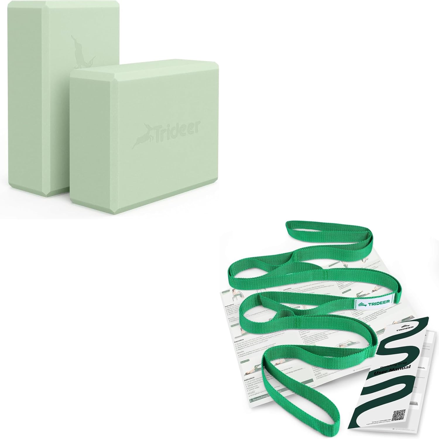 Trideer Yoga Block & Strap Set, Foam Yoga Block with 10-Loop Stretching Strap for Flexibility, Balance, Support & Recovery, Yoga Pilates Fitness Accessories for Home & Studio