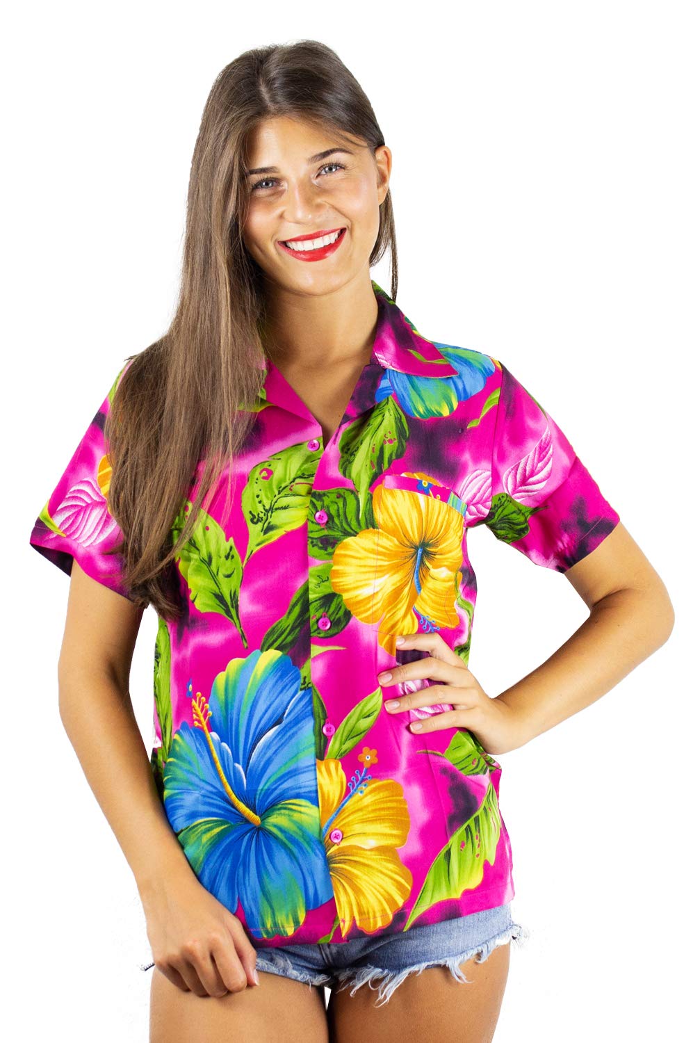 V.H.O.Funky Hawaiian Blouse Women Short-Sleeve Front-Pocket Big Flower Multiple Colors