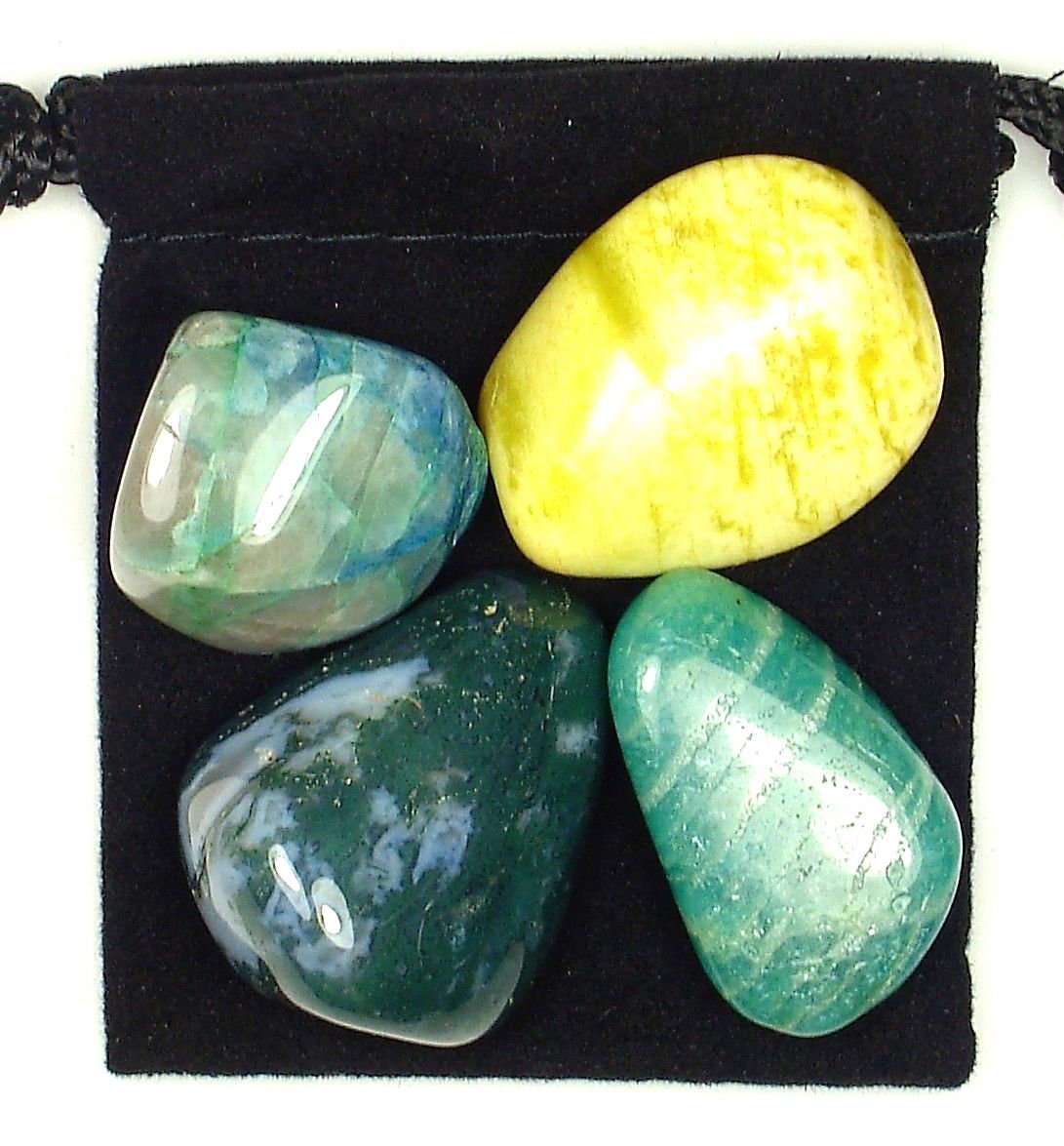DIABETES REGULATOR Tumbled Crystal Healing Set with Pouch & Description Card - Amazonite, Citrine, Moss Agate, & Serpentine