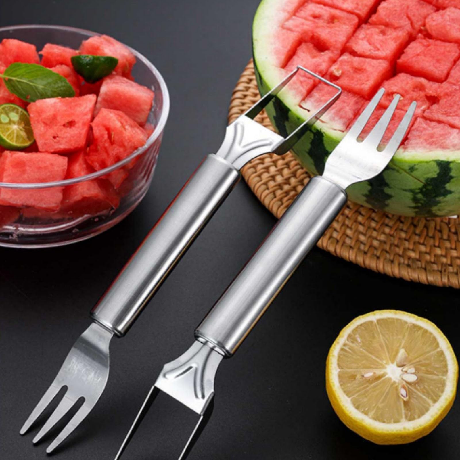 Narzędzie do krojenia arbuza, nóż ze stali nierdzewnej 2 w 1 z widelcem, przenośny gadżet do cięcia melona na grill, imprezę, kemping, do kuchni, idealne kostki do łatwego serwowania