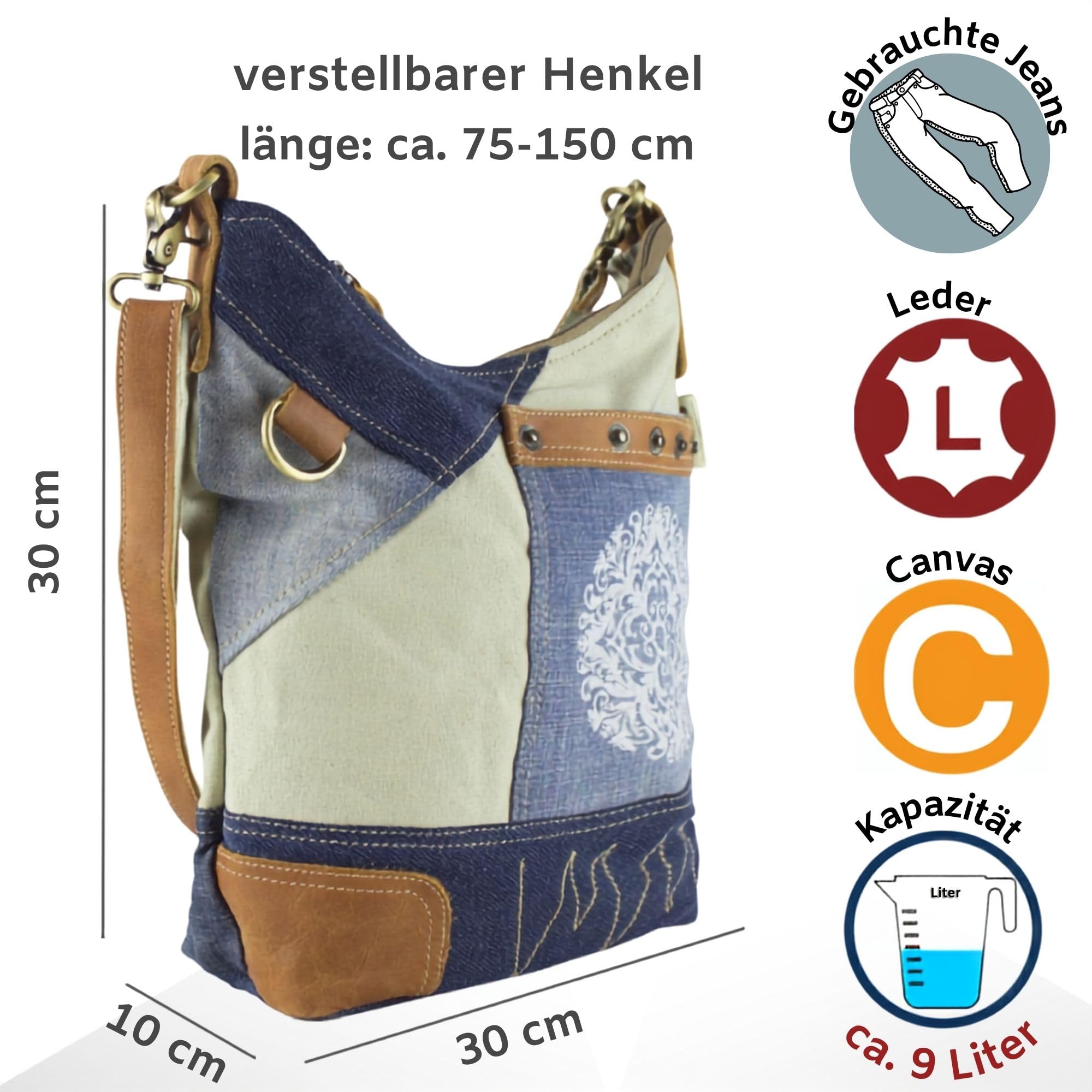 Sunsa Damen Hobo Bag. Nachhaltige Tasche aus Recyclete Jeans Canvas & Leder