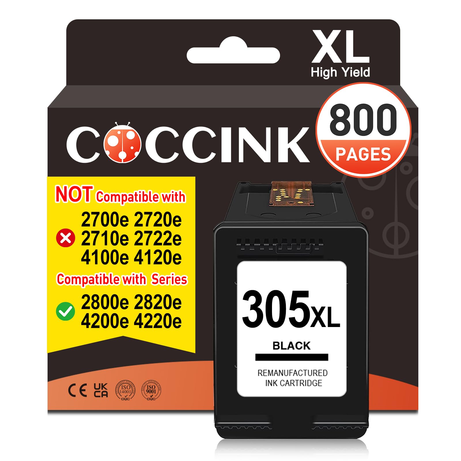 COCCINK 305XL Black Ink Cartridges for HP 305 XL DeskJet 4200e 4210e 4220e 4222e 4230e DeskJet 2820e 2800e 2810e 2821e 2822e 2823e Cartridges for HP 305 XL Printer Ink for HP 305 x-large,0 black
