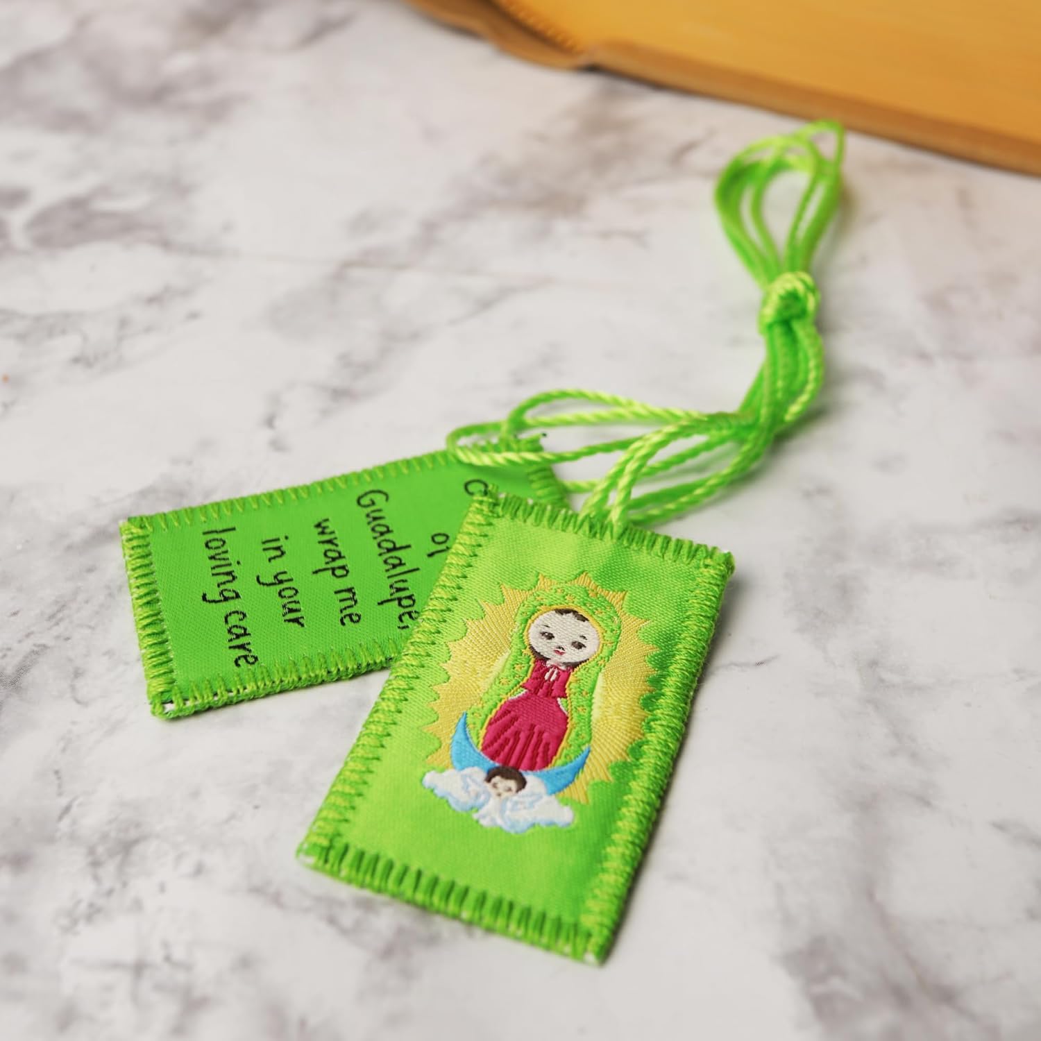 Green Scapular Lady of Guadalupe with Cotton Cord, Catholic Keepsake Gift, 20 Inches