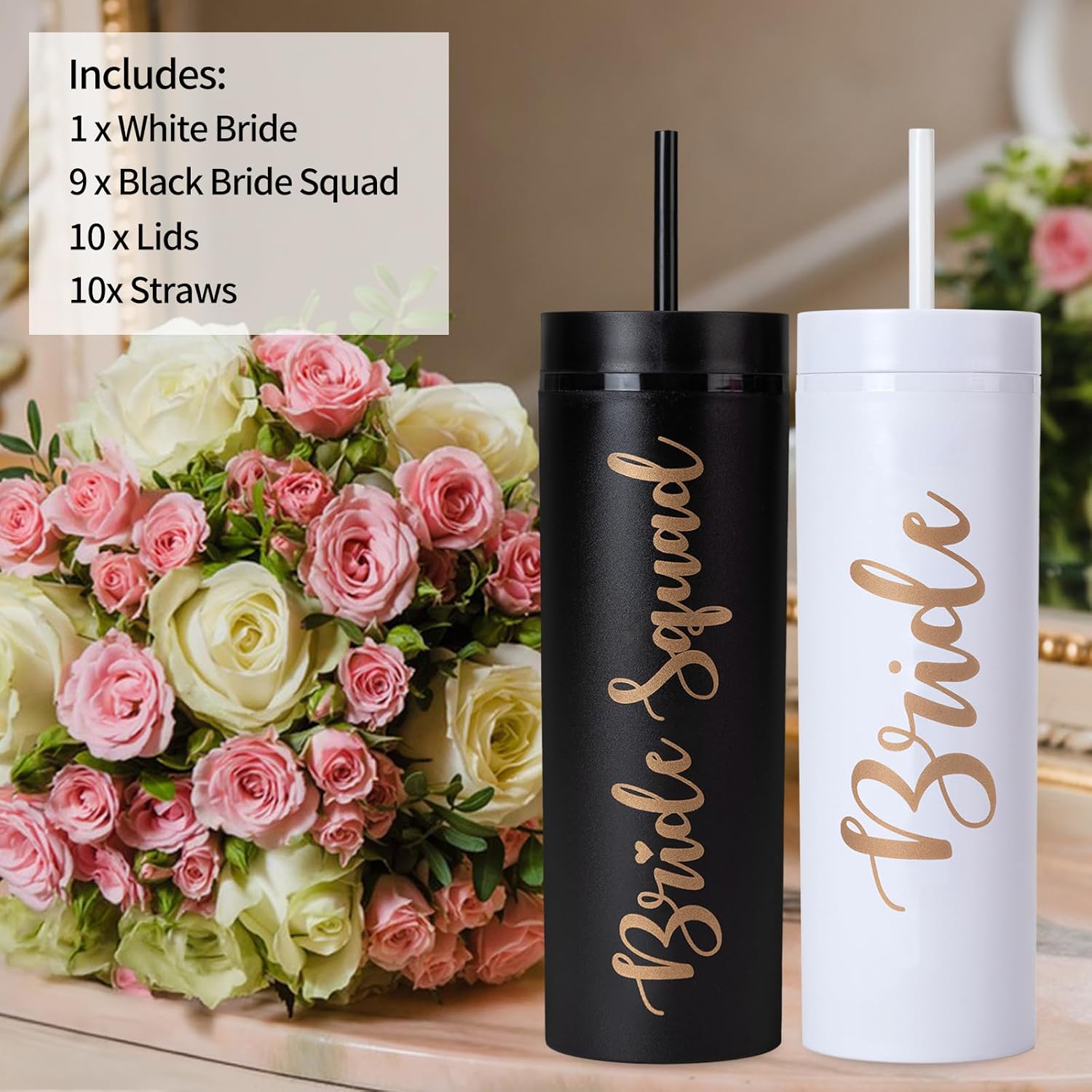 10 Pack Skinny Tumbler | 16 oz Bride & Squad Tumblers | Bachelorette Party Cups | Engagement Wedding Gifts Bridesmaids Mugs Bachelorette Party Supplies & Games (Black)