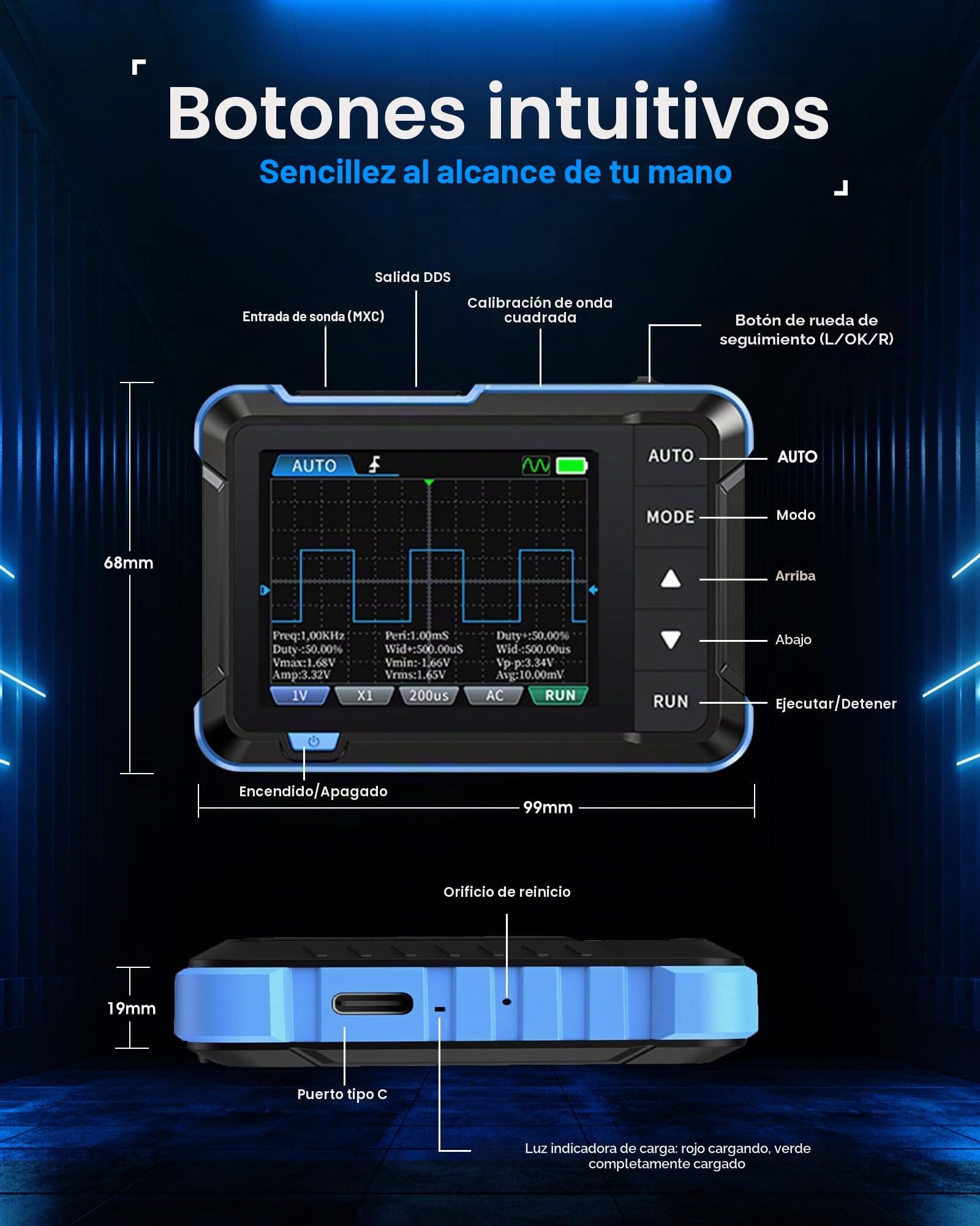 Osciloscopio Portátil 2 en 1, WapoRich DSO153 Mini Osciloscopio Digital con Generador de Señales 1 MHz, 5 MSa/s, 14 Formas de Onda, Actualización Online, Diseño Compacto para Uso en Exteriores