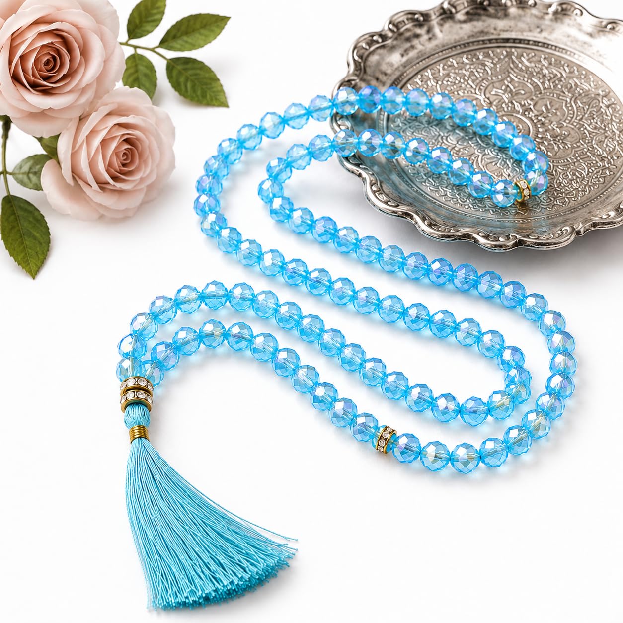 Islamic Salat Prayer Tasbih - 100 Crystal White Beads - Tasbeeh for Dhikr, Zikr, and Meditation (Blue)-image-21