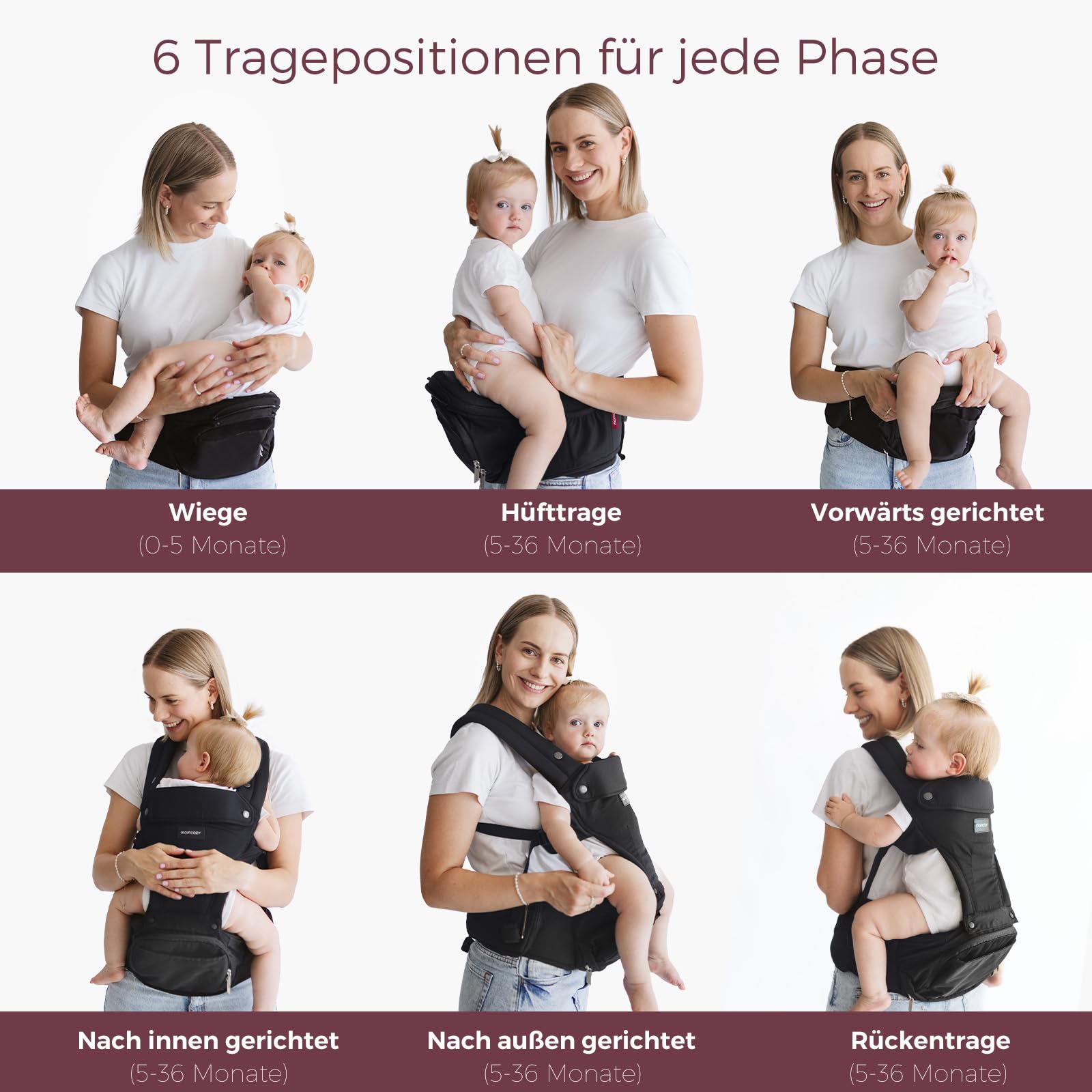 Momcozy Babytrage mit Hüftkissen, 2-in-1 Verstellbare & Abnehmbare Hüfttrage bis 20kg, Atmungsaktive Tragehilfe mit Lendenstütze für Eltern, Leichte Babytrage für Neugeborene, Schwarz