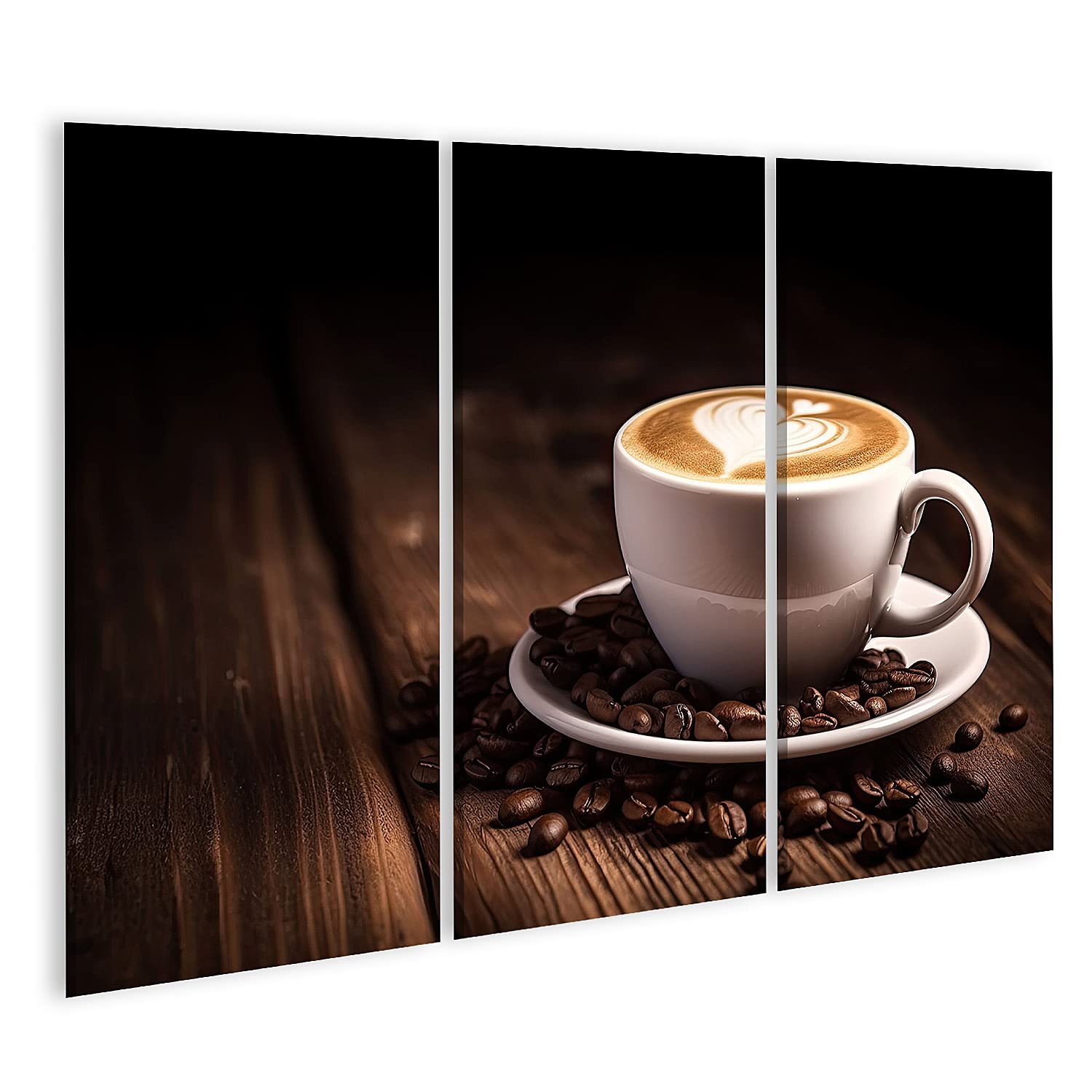 islandburner Prime - Quadro su tela a forma di tazza di caffè latte a forma di cuore con chicchi di caffè, vecchia tazza in legno, poster da parete