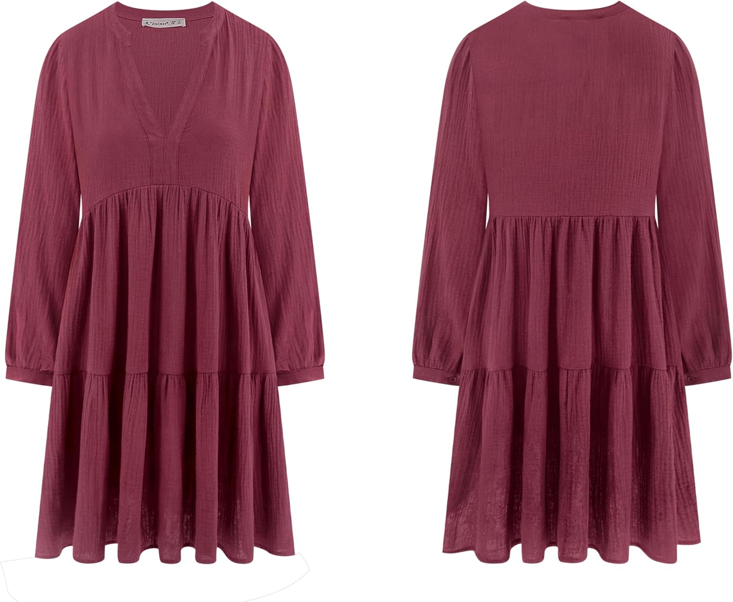 R.Vivimos Cotton Casual Dresses for Women Long Sleeve V Neck Tiered Flowy Mini Tunic Dress - Image 6