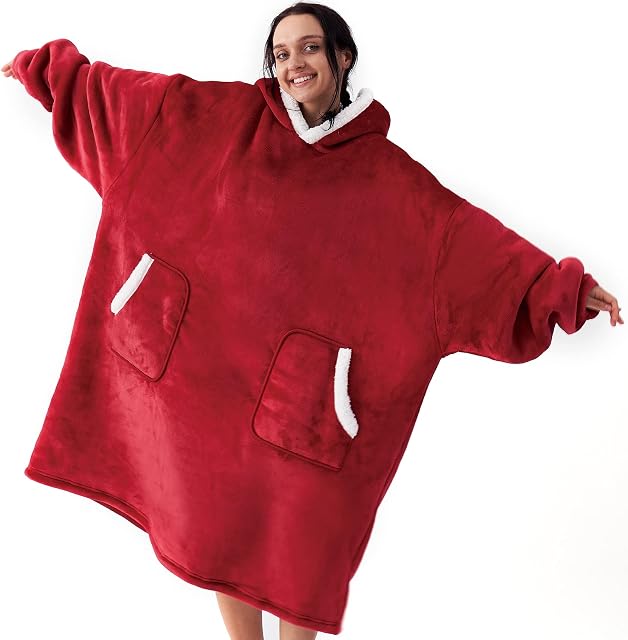 EHEYCIGA Oversized Blanket Hoodie Women Men, Sherpa Fleece Snuggle Hoodie Blanket, Fluffy Cozy Wearable Hooded Blanket for Adult, Gifts for Women Her Ladies, One Size Fits All, Red, 85x95cm