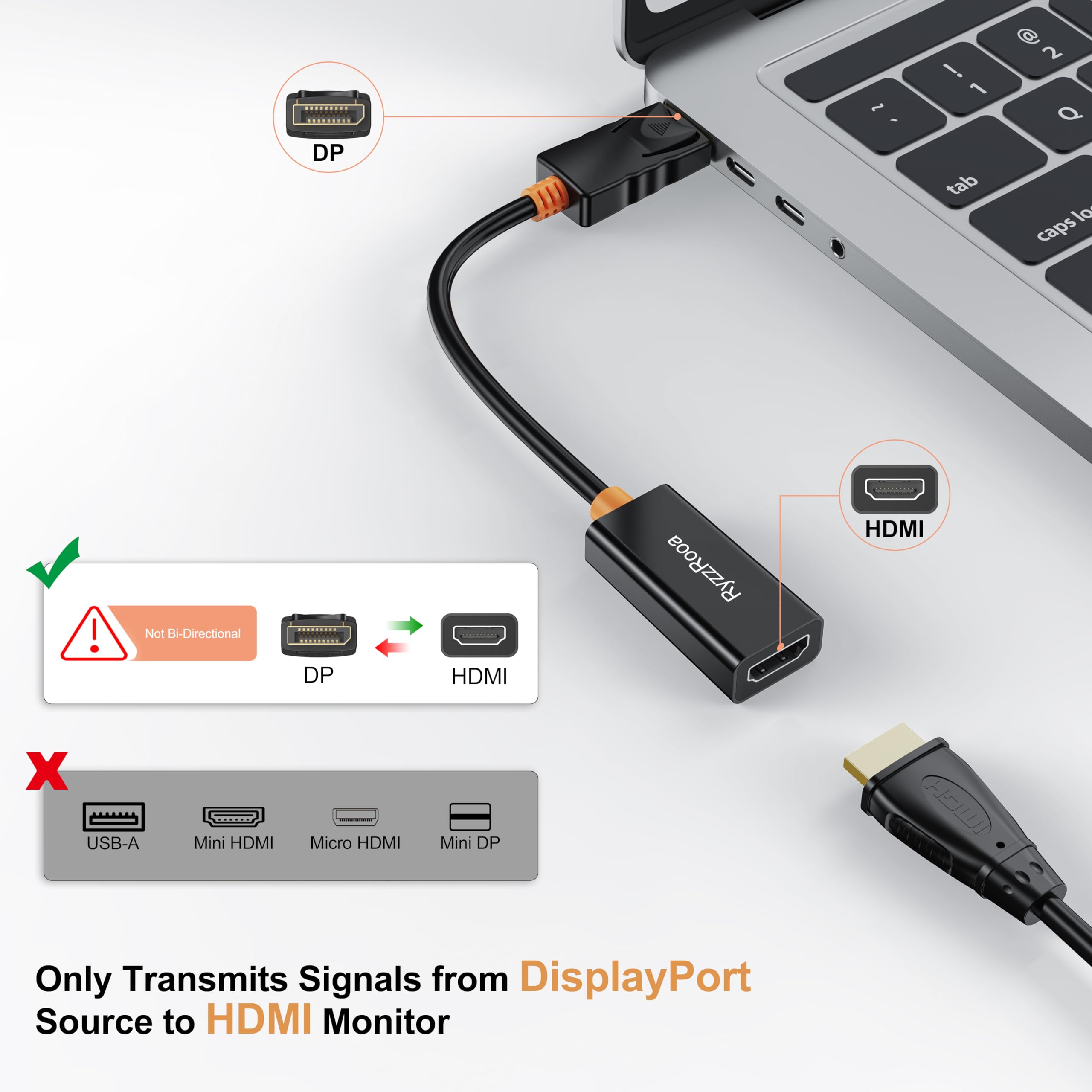 Lot de 5 adaptateurs DisplayPort vers HDMI 4K, port d'affichage mâle vers HDMI femelle, câble adaptateur DP vers HDMI unidirectionnel compatible avec PC, ordinateur portable, moniteur