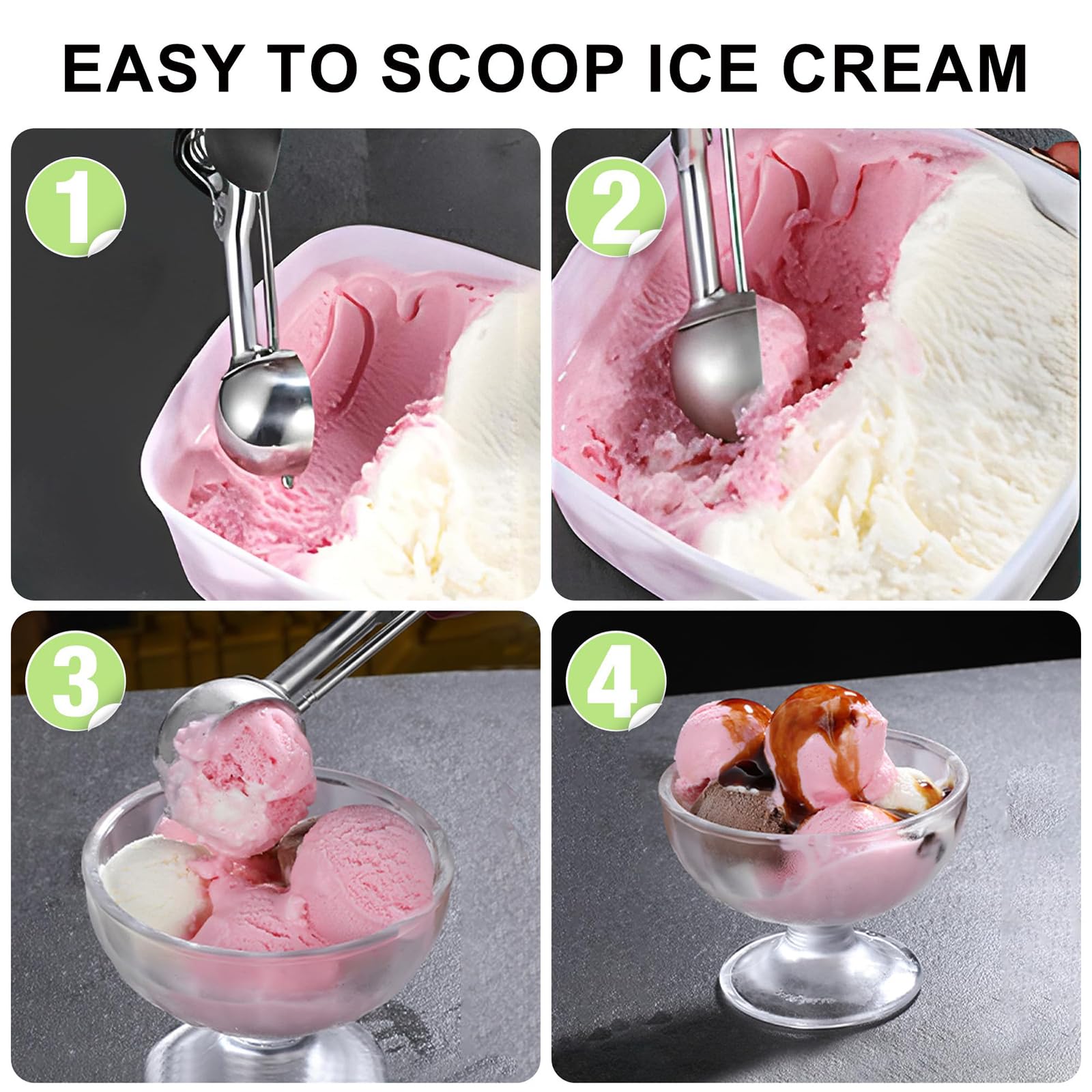 Cuchara de Helado, 4cm Cucharón de Helado con Gatillo, Negra Sacabolas, Pbolas de Acero Inoxidable, para Masa de Galletas, Sorbete, Almendra Apto para Lavavajillas