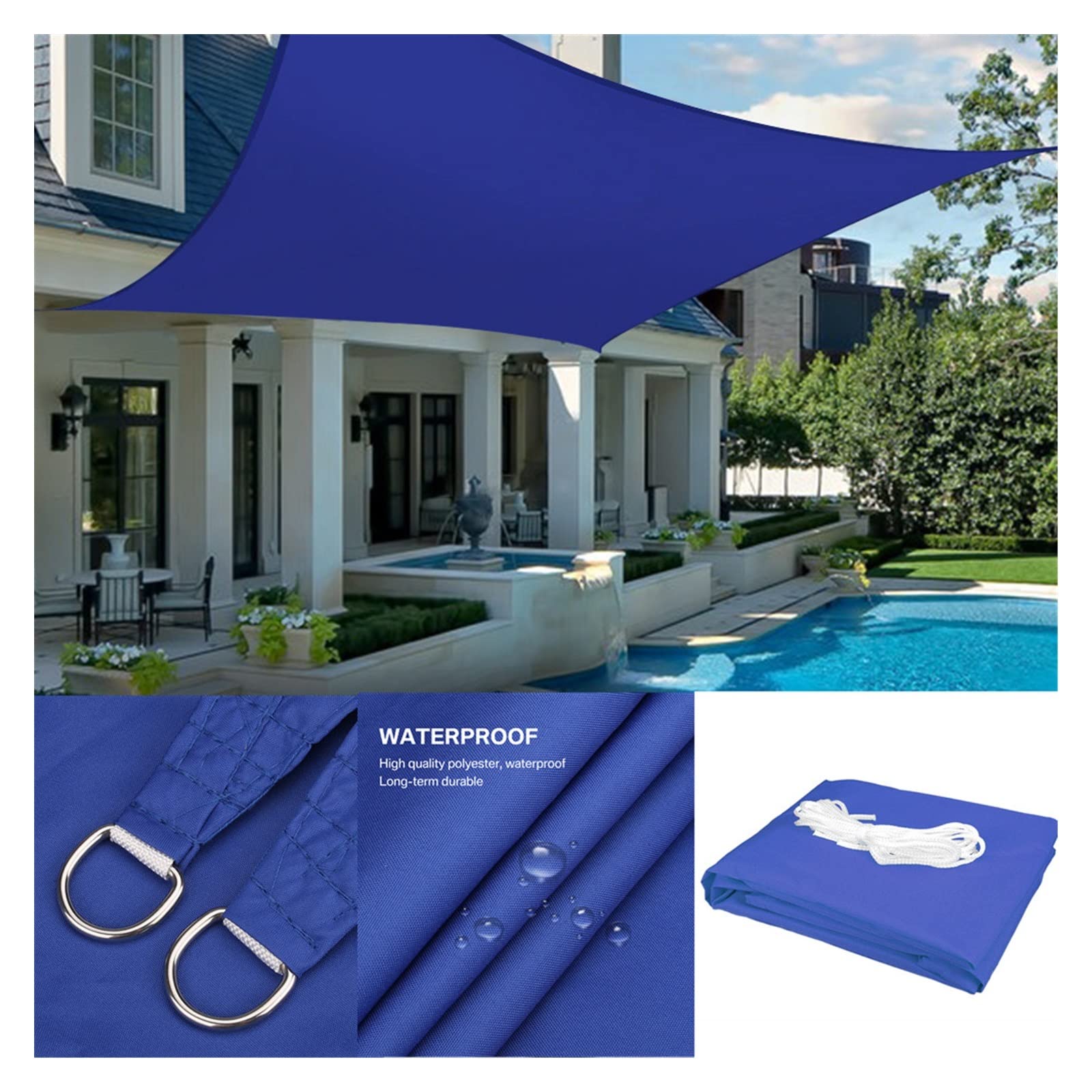 Blaues Sonnensegel, rechteckig/dreieckig, Stoff, Stoff, Wasser- und luftdurchlässig und UV-beständig, for Terrasse, Garten, Hinterhof, Pavillon, Sichtschutz, Balkonnetze (Color : Blue 2x2x2M, Size