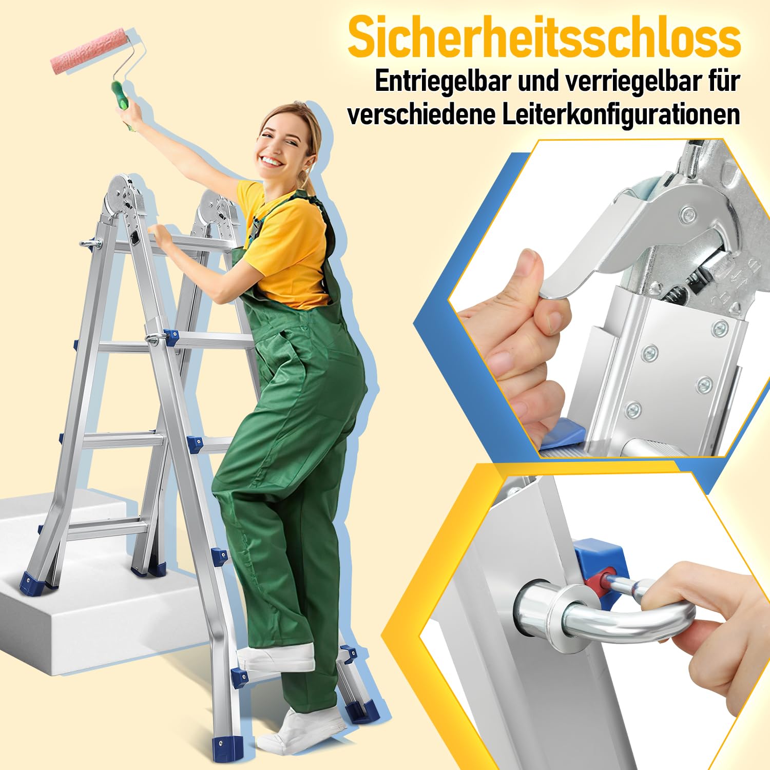 Ikodm Mehrzweckleiter 402cm 4x4 Sprossen Teleskopleiter 3 in 1 Aluleiter Multifunktionsleiter Klappleiter, Anlegeleiter Bockleiter Schiebeleiter beidseitige Steh und Treppenleiter