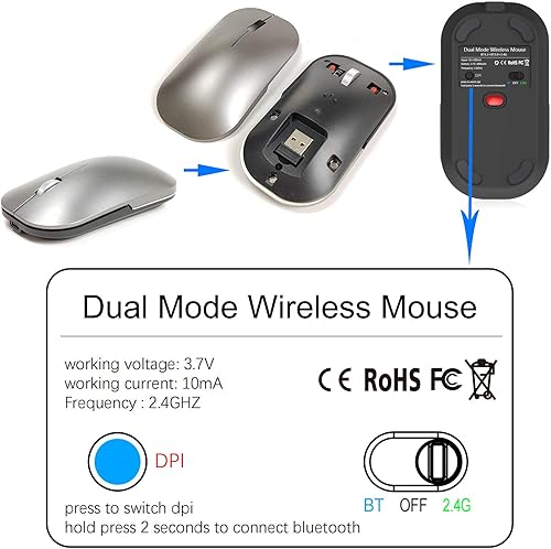 Miniatura 9 de Ratón inalámbrico Bluetooth para MacBookWindowsAndroid TabletiPadMacLaptopPCComputadora, modo dual recargable (BT5.2 y 3.0 y 2.4G USB) Ratón