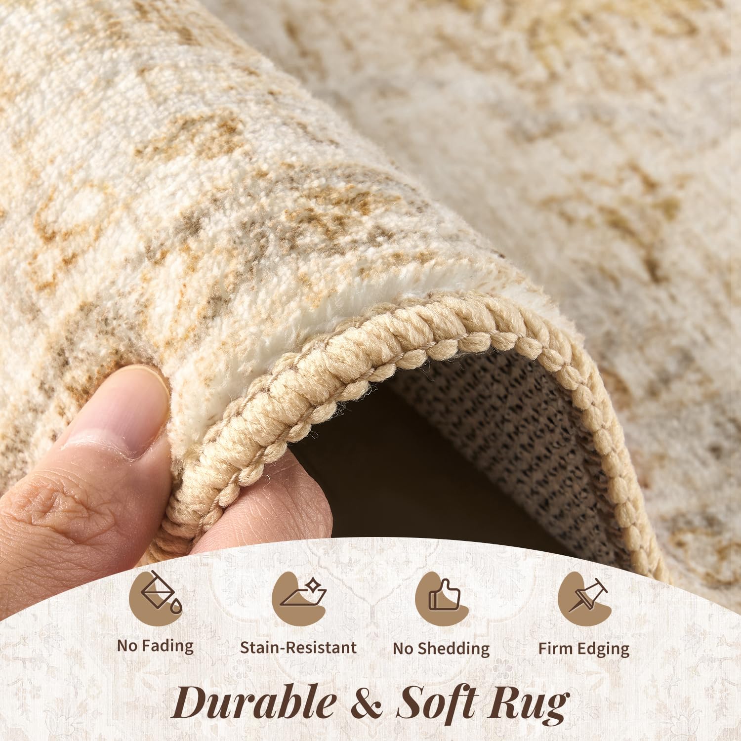 tchdio 5x7 Area Rugs for Living Room, Vintage Non Slip Washable Rug, Soft Low Pile Neutral Area Rug Large Floor Indoor Carpet for Bedroom, Dining Room, Office (Beige, 5'x7')