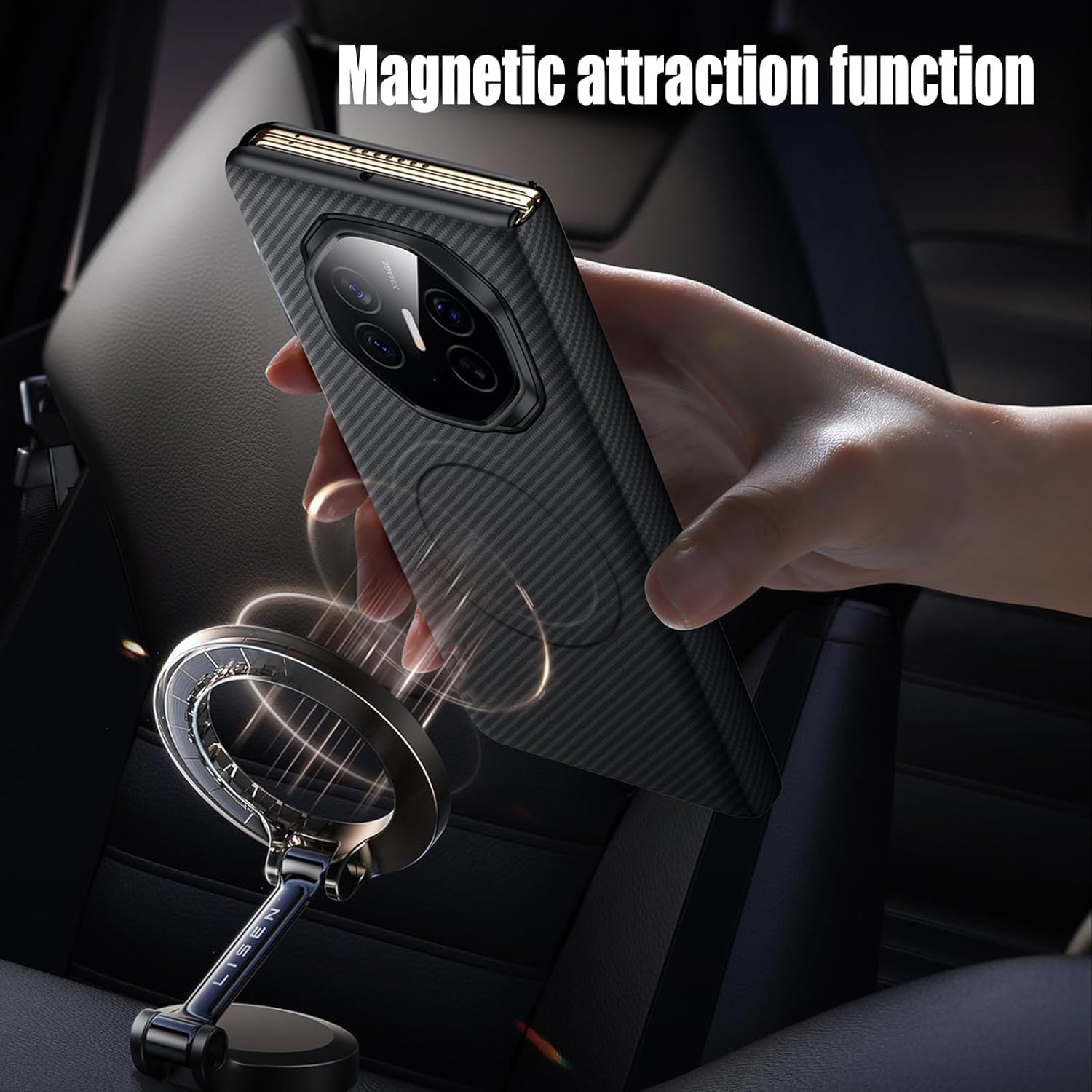Etui na Huawei Mate XT, magnetyczne skórzane etui z teksturą włókna węglowego funkcja widoku okna z klapką uniwersalna obudowa ochronna, brązowe