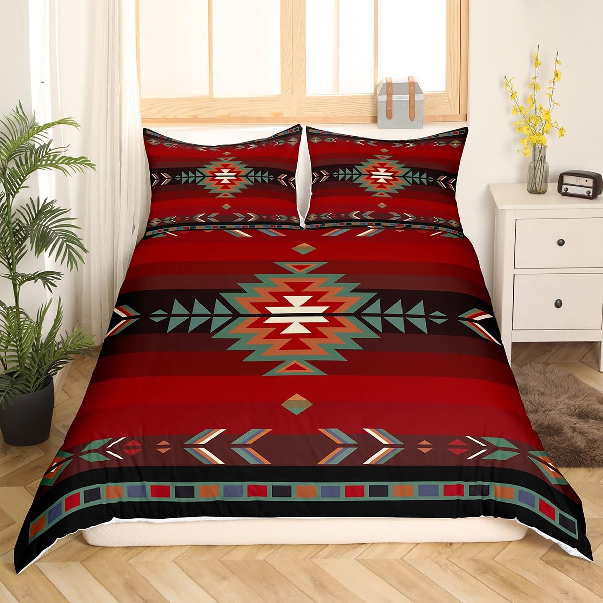 richhome Southwest Native Design Bed Cover Boys Girls Southwestern Geometric Duvet Cover for Kids Soft Tribal Bedding Set Red Green 2Pcs Single - Image 2