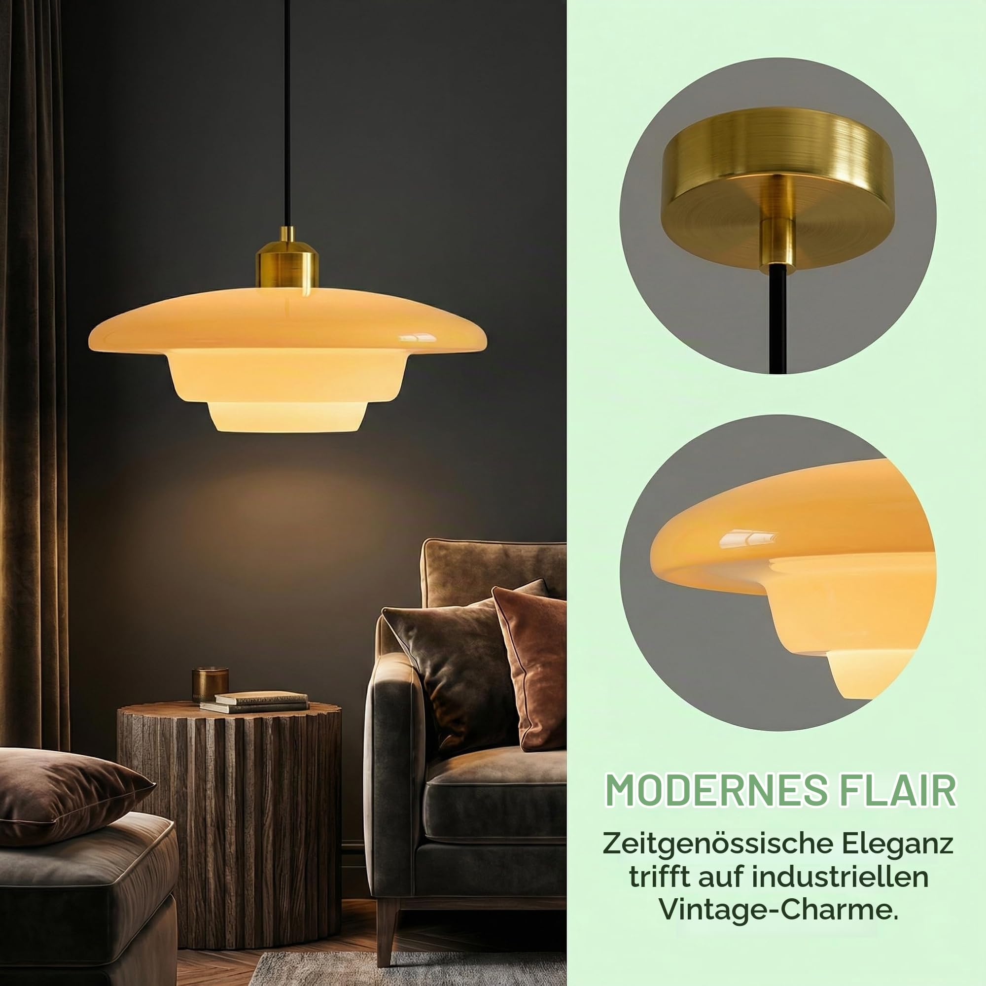 Pendelleuchte Esstisch Vintage, Höhenverstellbar Hängeleuchte aus Glas & Antik-Gold E27-Fassung, Große Hängelampe für Esszimmer Küche Schlafzimmer Wohnzimmer (Gelb, 30cm)