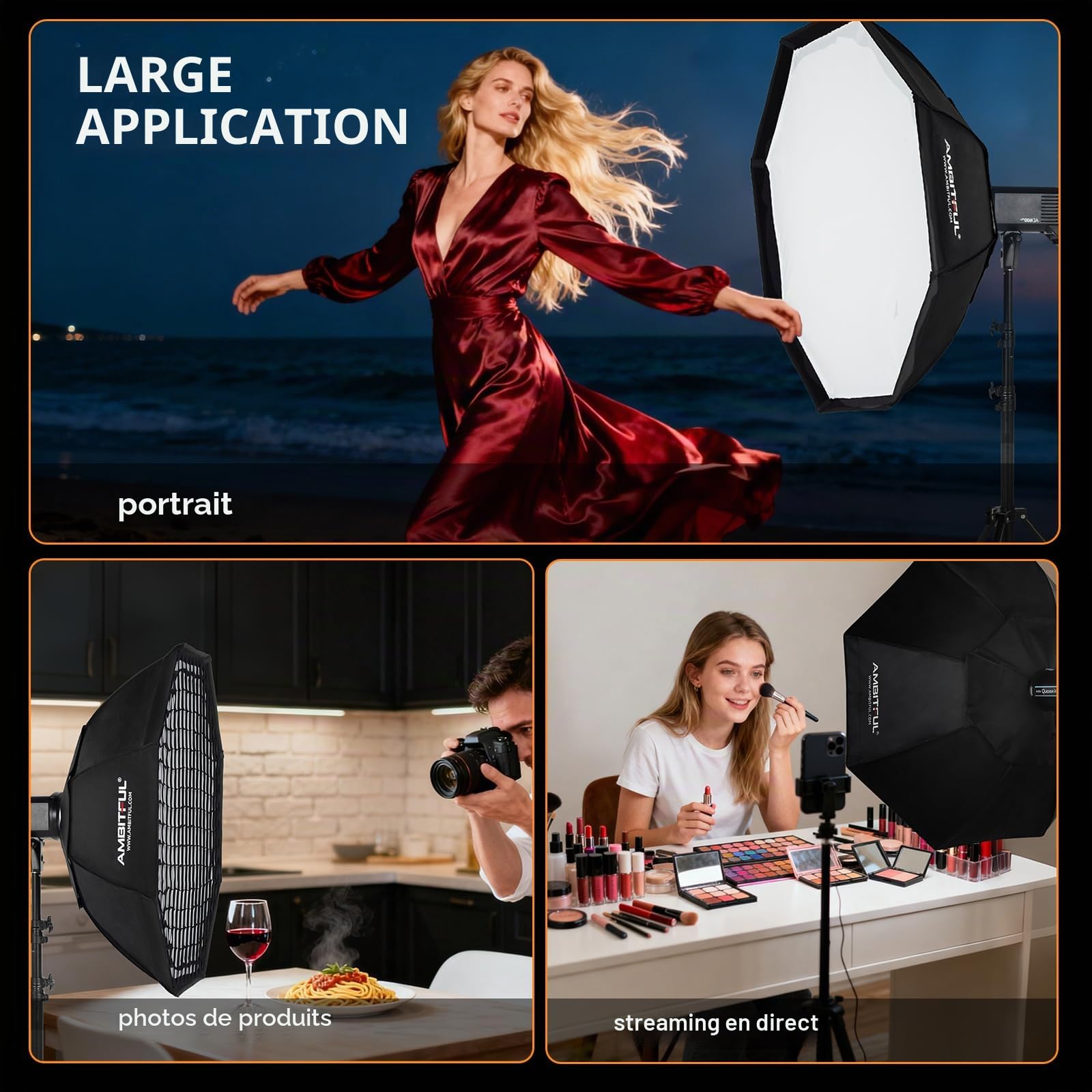 AMBITFUL FW95/37.4in Softbox Octagon Honeycomb Grid Bowens softbox, with Honeycomb Grid + Carrying Bag, for Bowens Mount Lamp (95cm)
