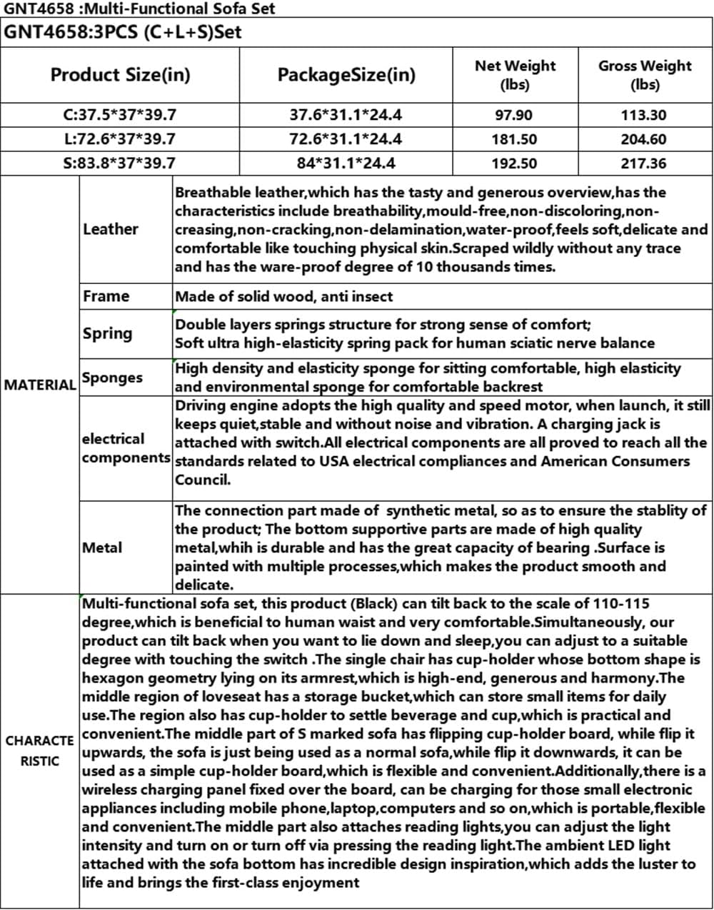 Functional Sofa 3-Piece Set Chair+ Sofa +Loveseat Black Breathable Leather Living Room(Small)