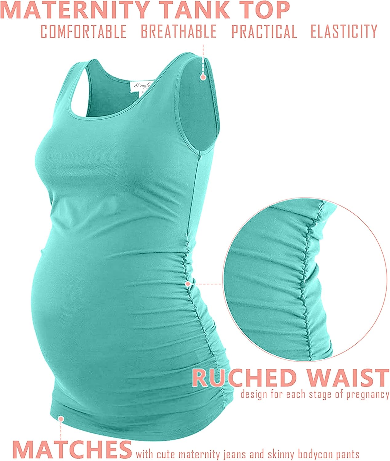 Peauty "Long Enough to Cover Hip Maternity Side Ruch Tank Tops/Basic Maternity Tops for Summer Casual Wear (S-3XL) - Image 3