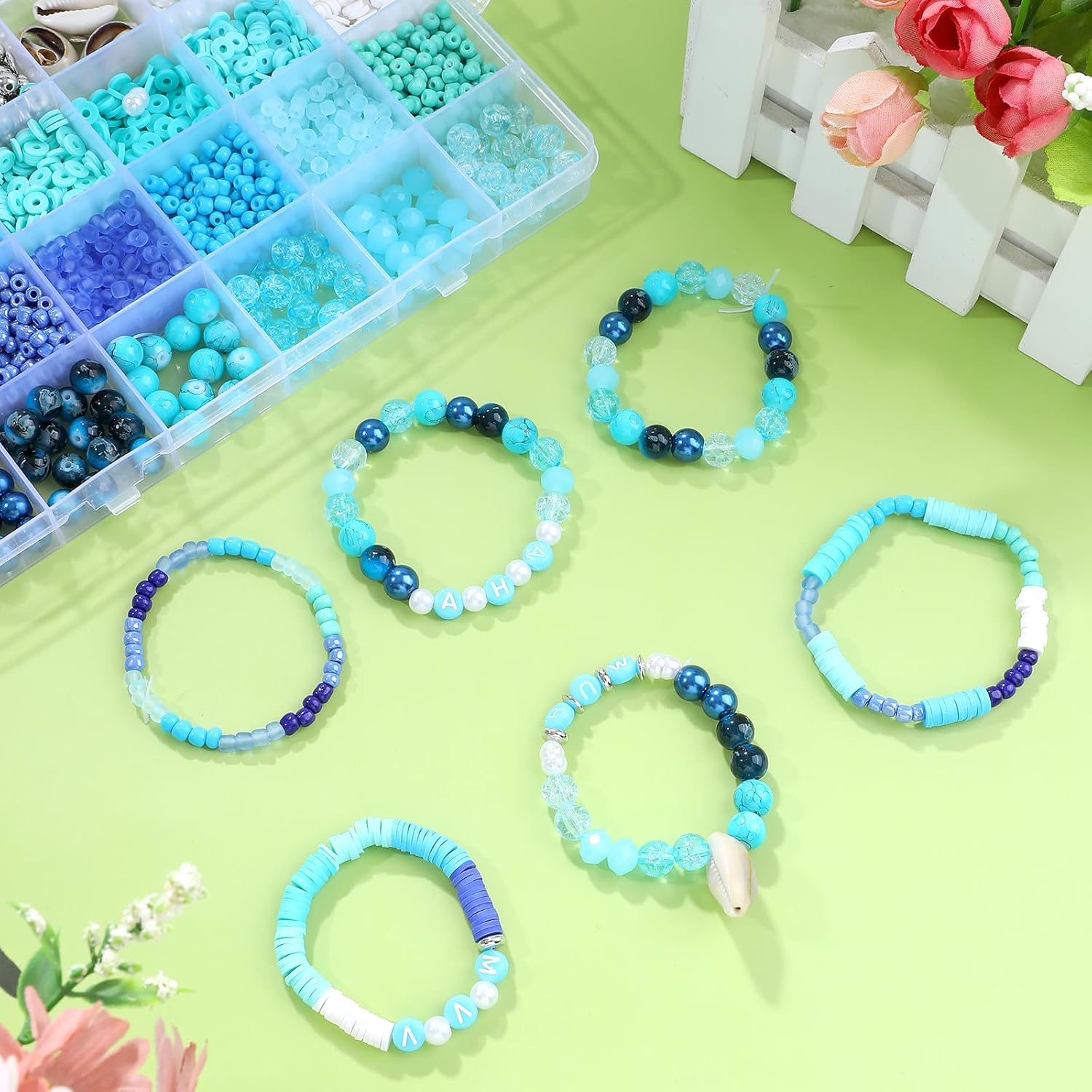 Blue Clay Beads for Bracelet Making Kit, 24 Colors 3500pcs Friendship Bracelet Making Kit, Small Glass Beads for Jewelry Making, Blue Ocean Series Colorful Crystal Beads and Crafts DIY Gifts - Image 7