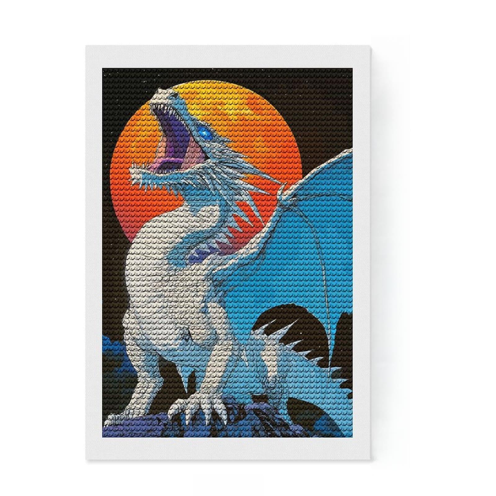 Junmoney White Dragon Roaring at The Moon Diamond Art Canvas 8"x12", for Beginners, Easy to Enjoy, Cosy Home Accent, Christmas Gift, Enjoyable At-Home Hobby