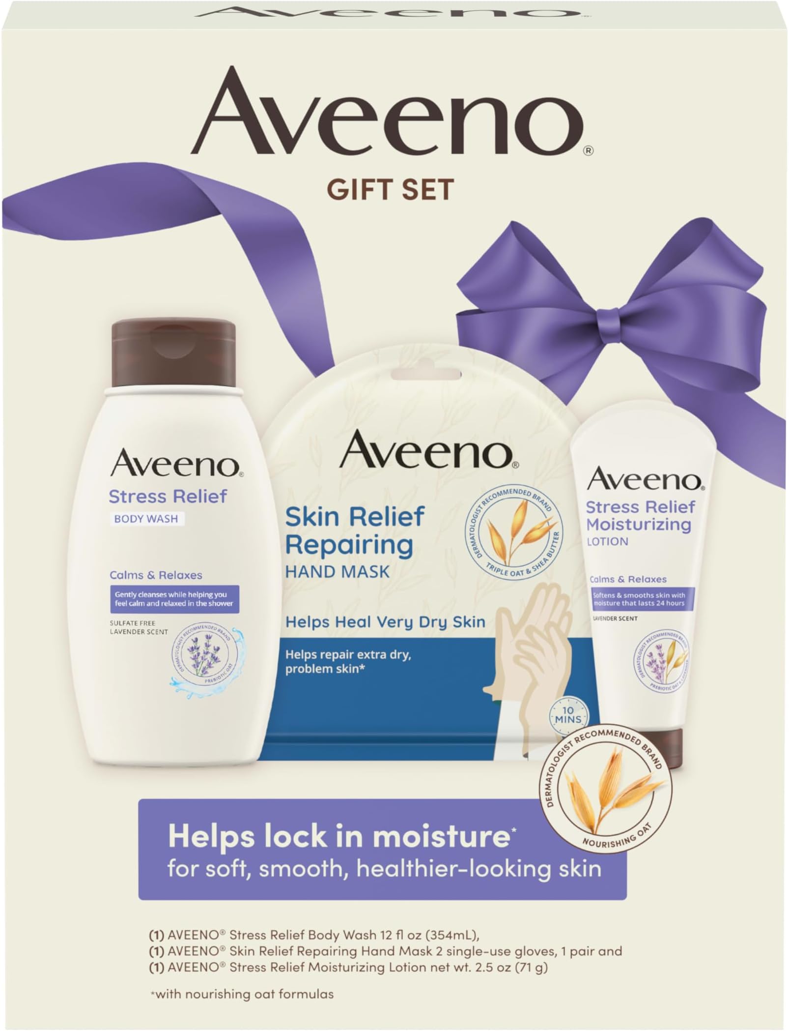 Aveeno Stress Relief Gift Set, Skincare Set for Sensitive Skin with Soothing Body Wash & Moisturizing Body Lotion, plus, Skin Relief Repairing Hand Masks for Very Dry Skin, 3 Items
