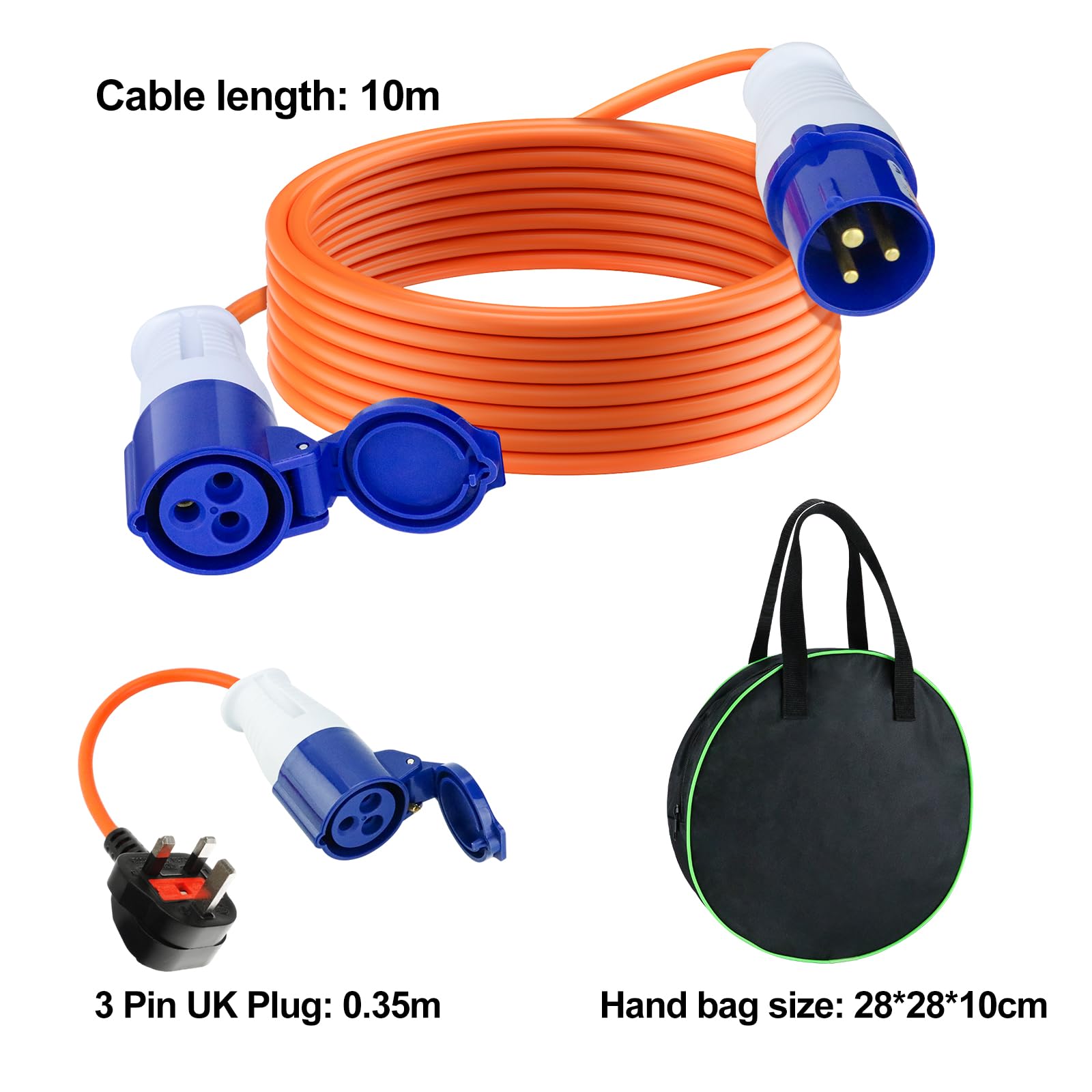 10m Caravan Hook Up Cable - 240V 16A Camping Extension Lead with 3 Pin Fly Lead Converter and Carrying Bag, Power Cord Electric Extension Cable for Motorhomes Campervans — view 7