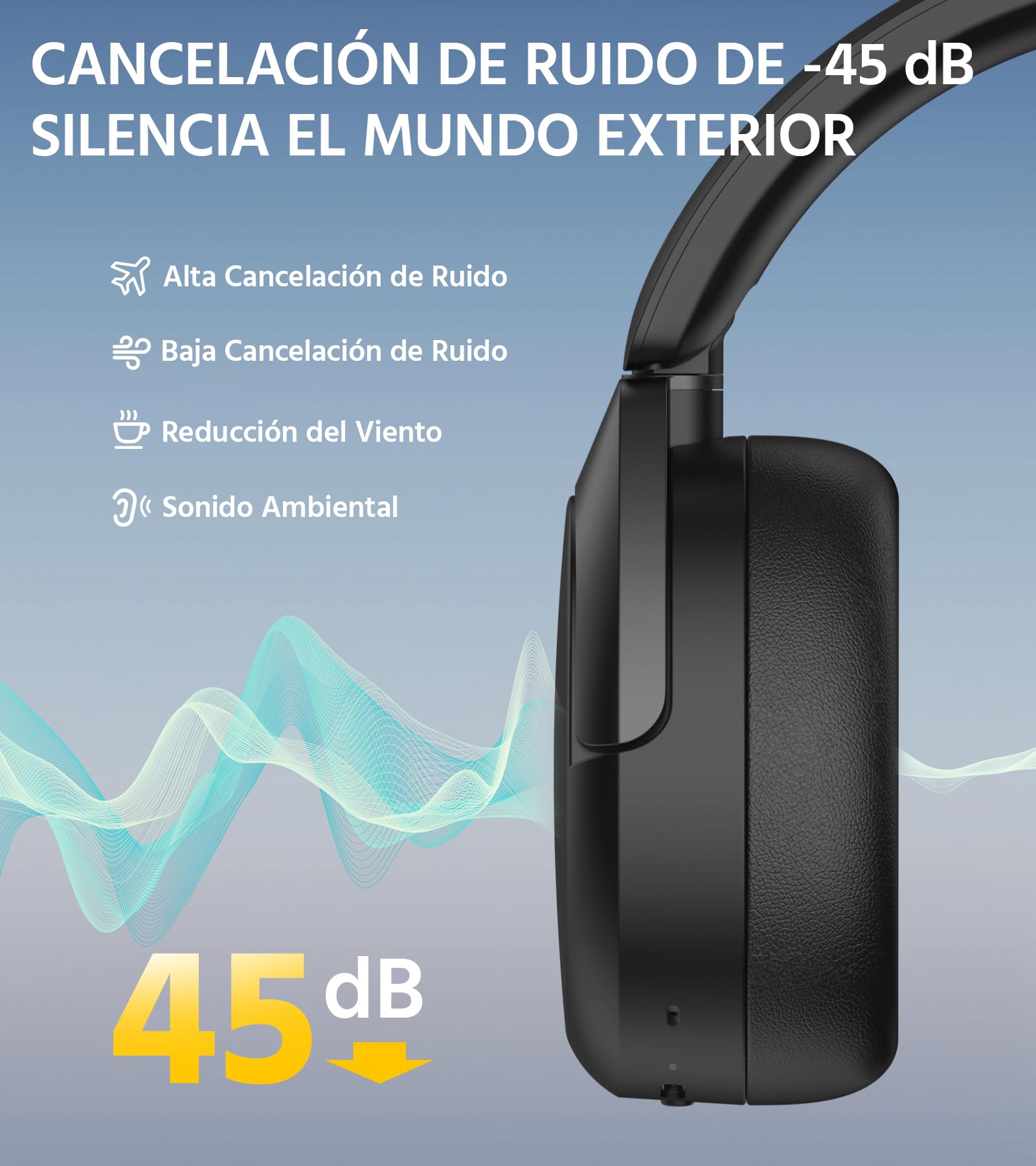 Edifier W830NB - Auriculares inalámbricos con -45 dB ANC, batería de 94 Horas, Sonido LDAC Hi-Res, Audio Espacial, Carga rápida, Bluetooth V5.4, Color Negro