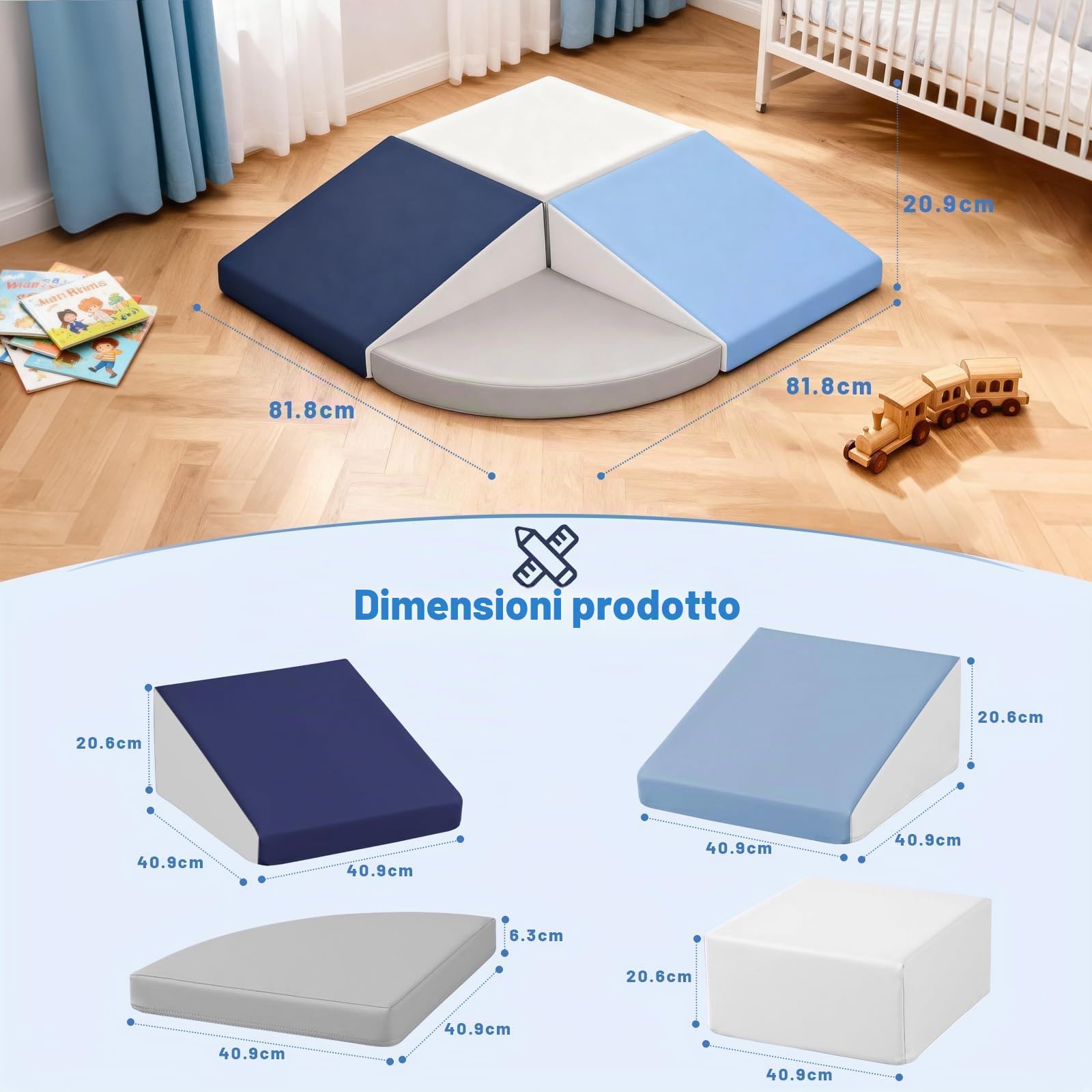 Baby Soft Play Set: 4 Pezzi Blocchi Soft Play in Pelle PU per Bambini - Attrezzatura Soft Play per Bambini Piccoli - Parco Giochi da Interno Giocattoli per Arrampicarsi e Gattonare (Blu)