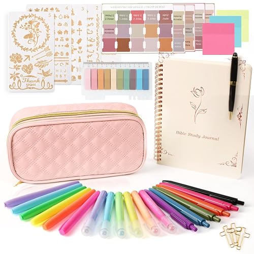 BellaHold Bible Study Kit for Women and Girls – 50PCS Bible Journaling Supplies, 11 Bible Accessories, No-Bleed Highlighters, Pens, Bible Tabs, Large Pencil Case, Christian Gift (Light Pink) - Light Pink